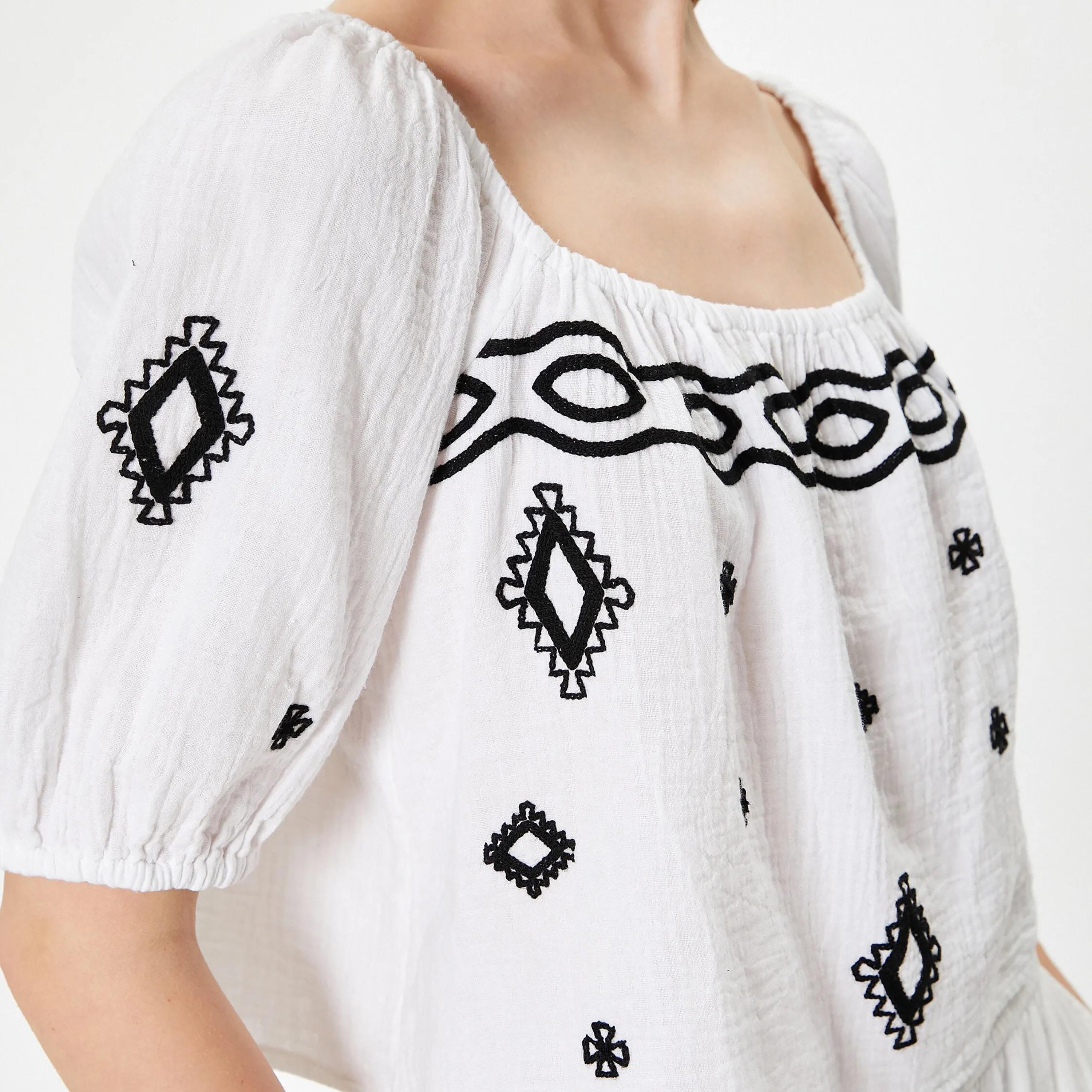 KOTON White Embroidered Square Neck Puff Sleeves Women's Top-women-clothing-shirtsandblouses-blouses-image-4