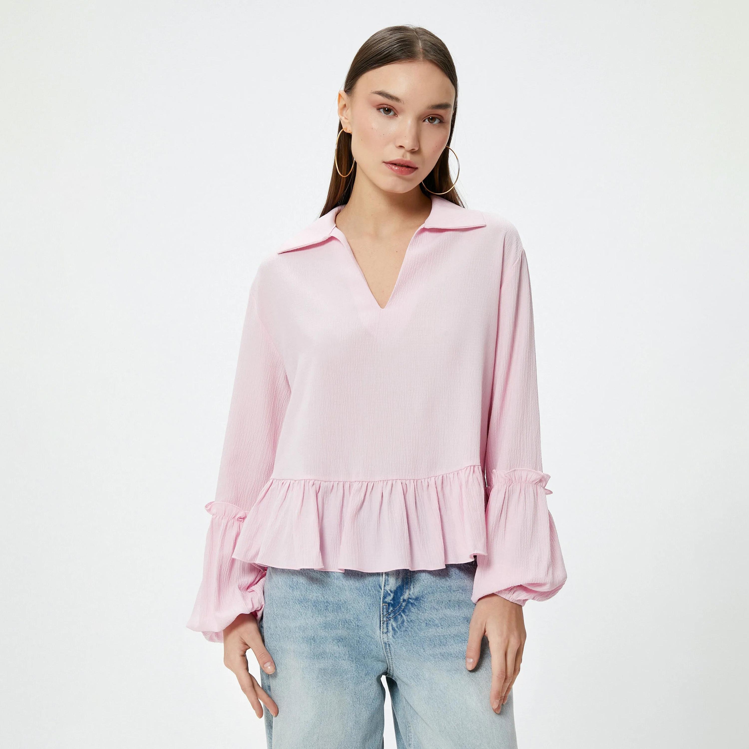 KOTON Pink Textured Collared Balloon Sleeves Women's Top-women-clothing-shirtsandblouses-blouses-image-1