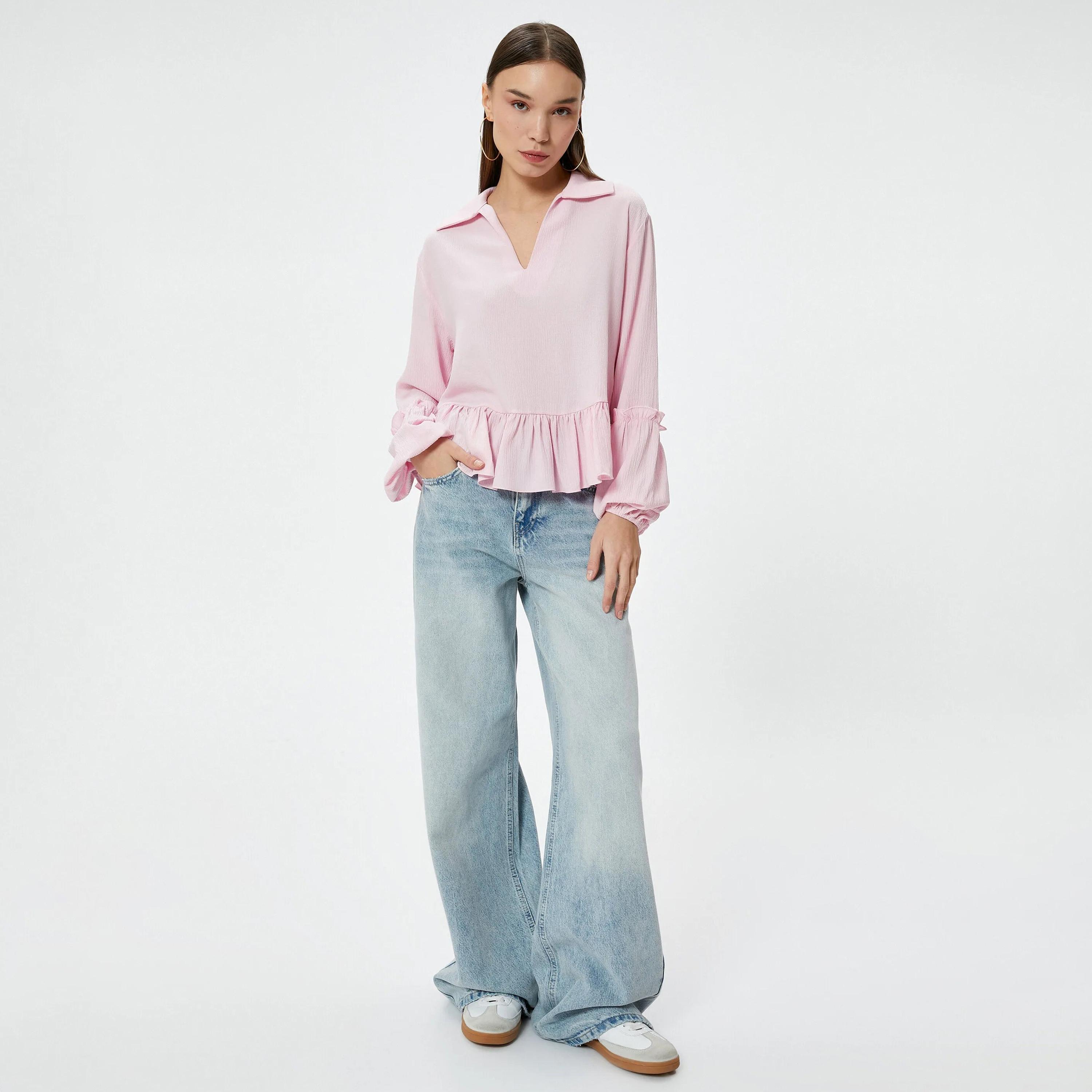 KOTON Pink Textured Collared Balloon Sleeves Women's Top-women-clothing-shirtsandblouses-blouses-image-2