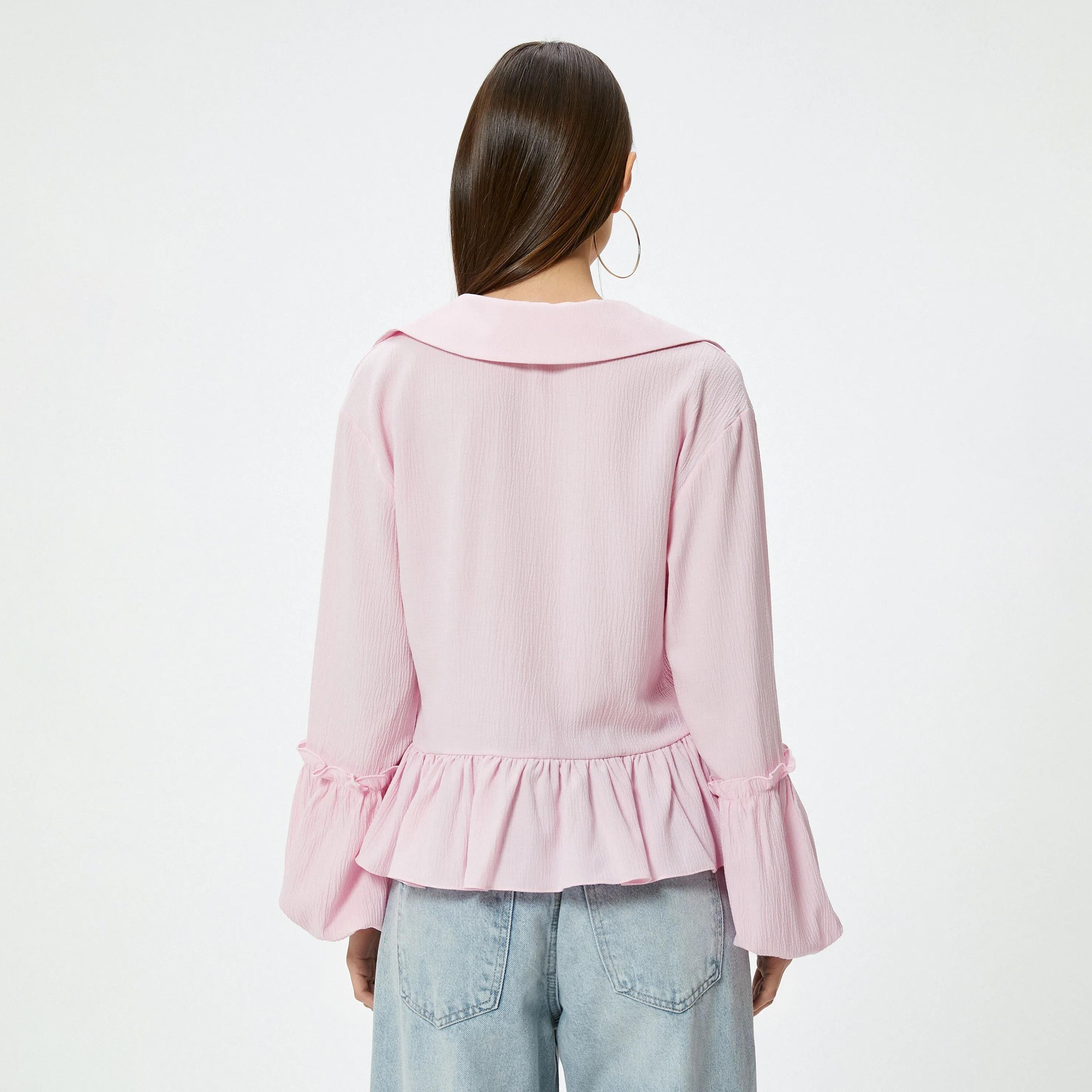 KOTON Pink Textured Collared Balloon Sleeves Women's Top-women-clothing-shirtsandblouses-blouses-image-3
