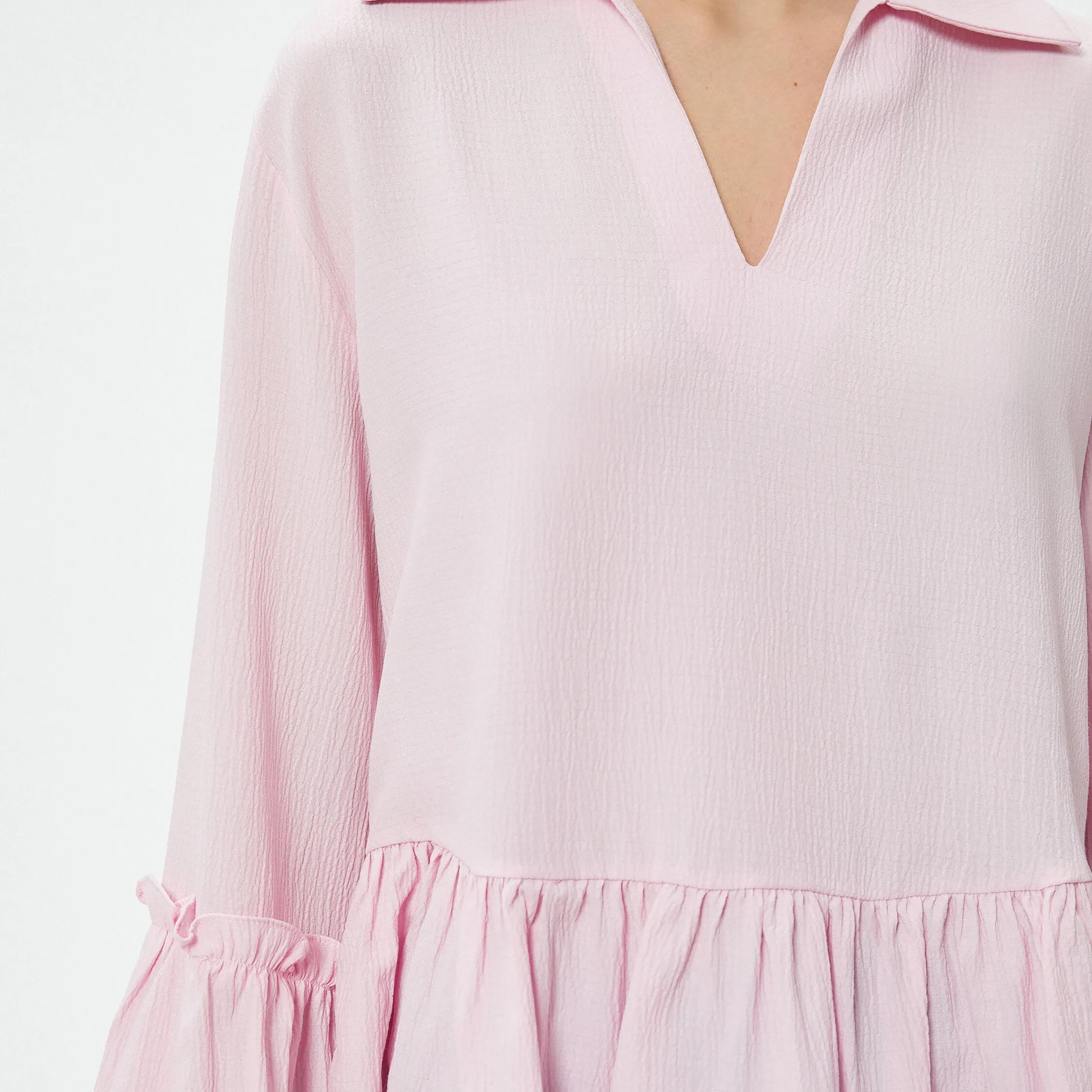 KOTON Pink Textured Collared Balloon Sleeves Women's Top-women-clothing-shirtsandblouses-blouses-image-4