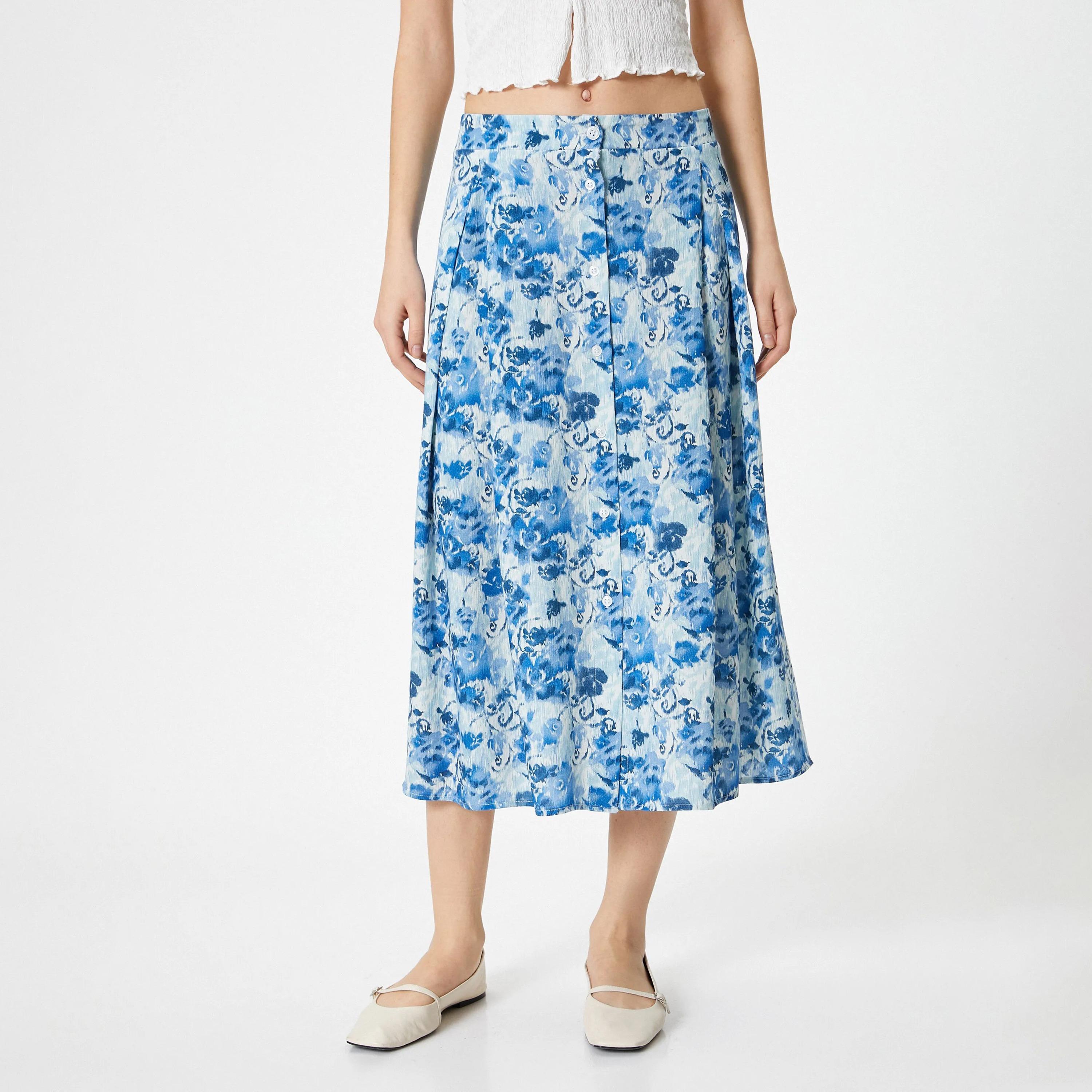 KOTON Blue Floral Viscose Button Women's Skirt-women-clothing-bottoms-skirts-image-1