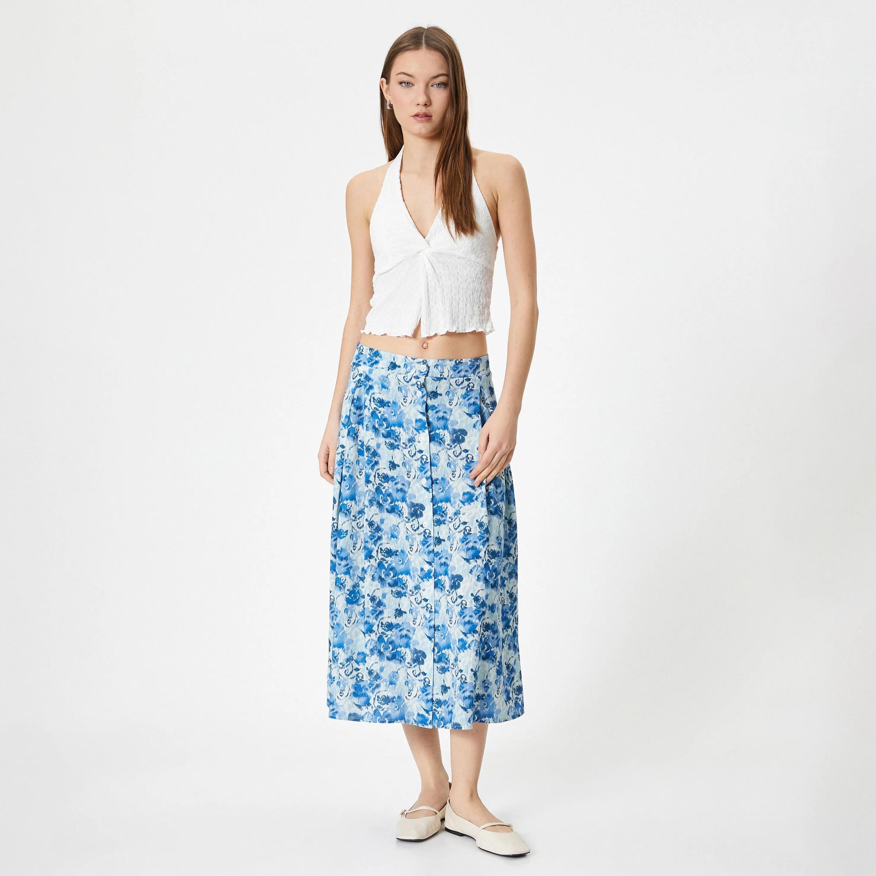 KOTON Blue Floral Viscose Button Women's Skirt-women-clothing-bottoms-skirts-image-2