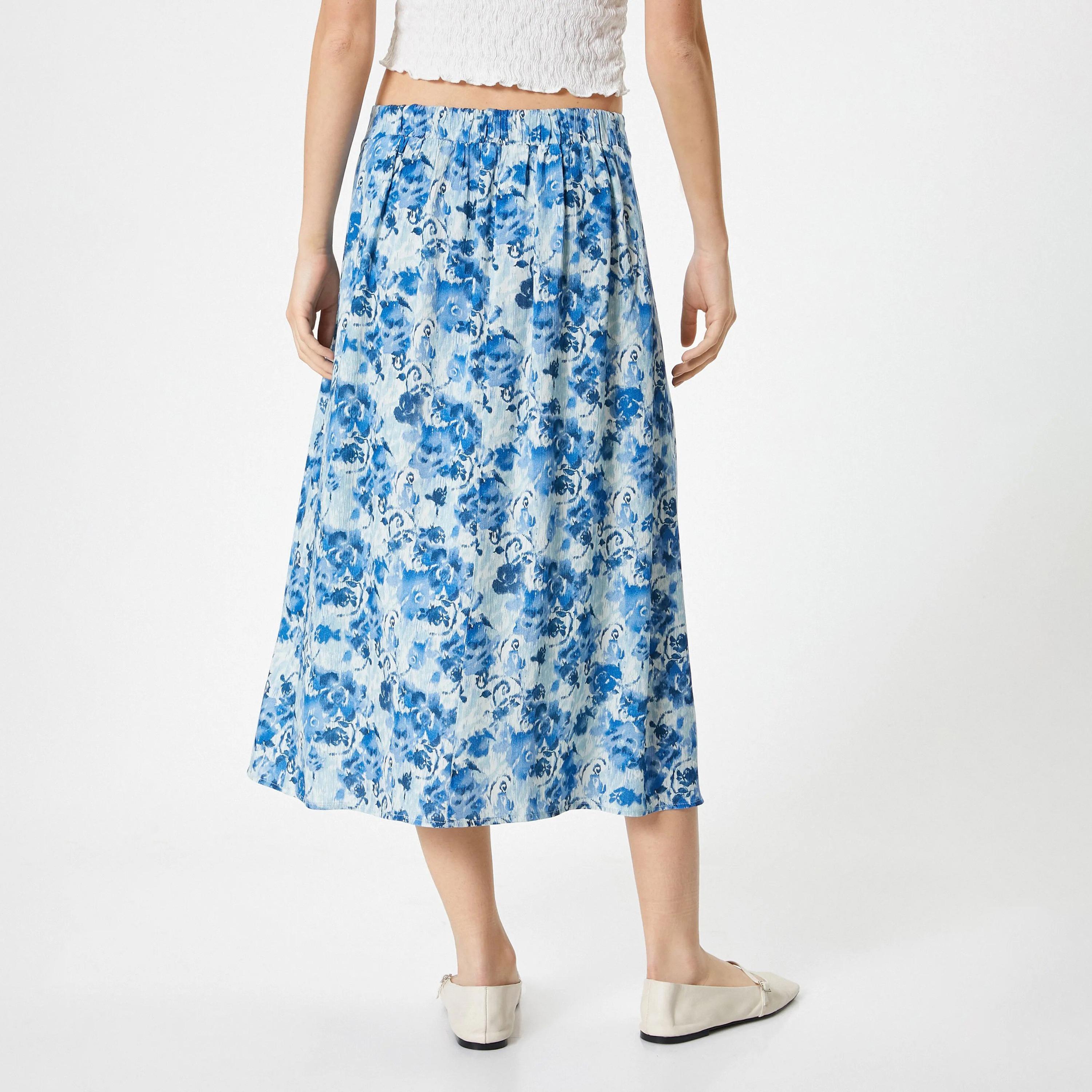 KOTON Blue Floral Viscose Button Women's Skirt-women-clothing-bottoms-skirts-image-3