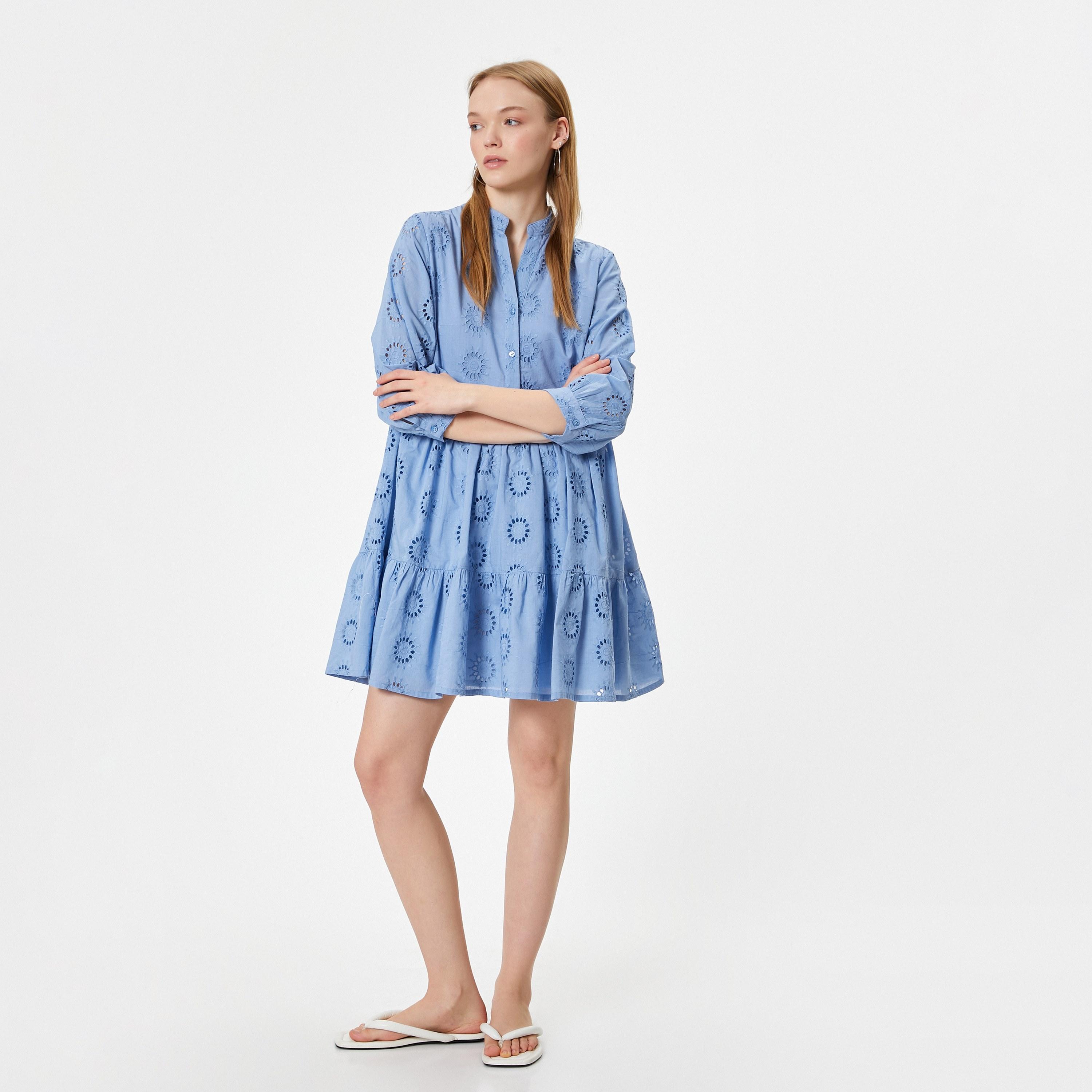 فستان نسائي قصير بتنورة متدرجة ، قطن شيفلي ، وياقة ماندرين، وأكمام منفوخة من كوتون-women-clothing-dresses-image-1