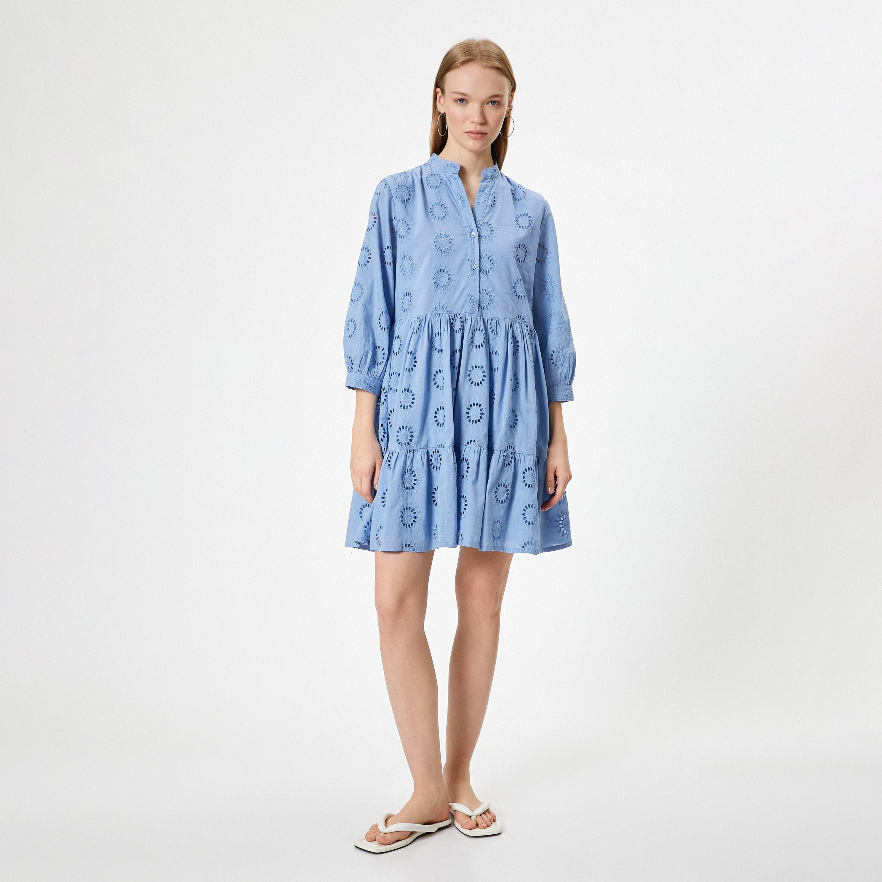 فستان نسائي قصير بتنورة متدرجة ، قطن شيفلي ، وياقة ماندرين، وأكمام منفوخة من كوتون-women-clothing-dresses-image-2