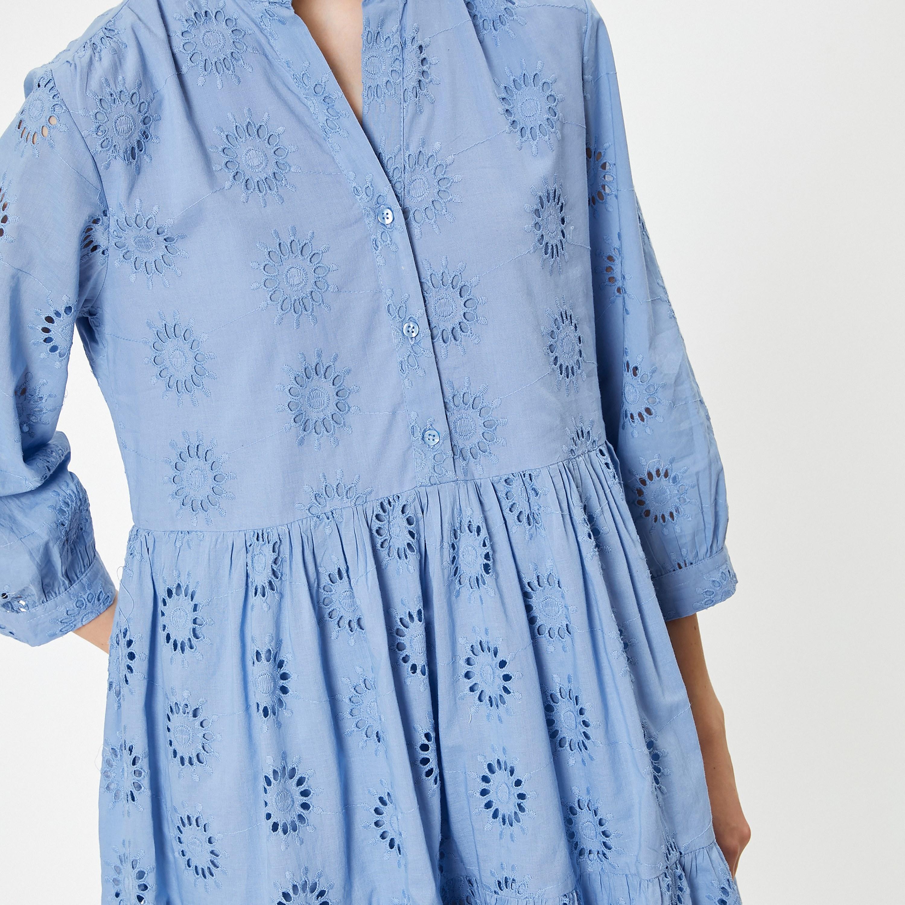 فستان نسائي قصير بتنورة متدرجة ، قطن شيفلي ، وياقة ماندرين، وأكمام منفوخة من كوتون-women-clothing-dresses-image-5