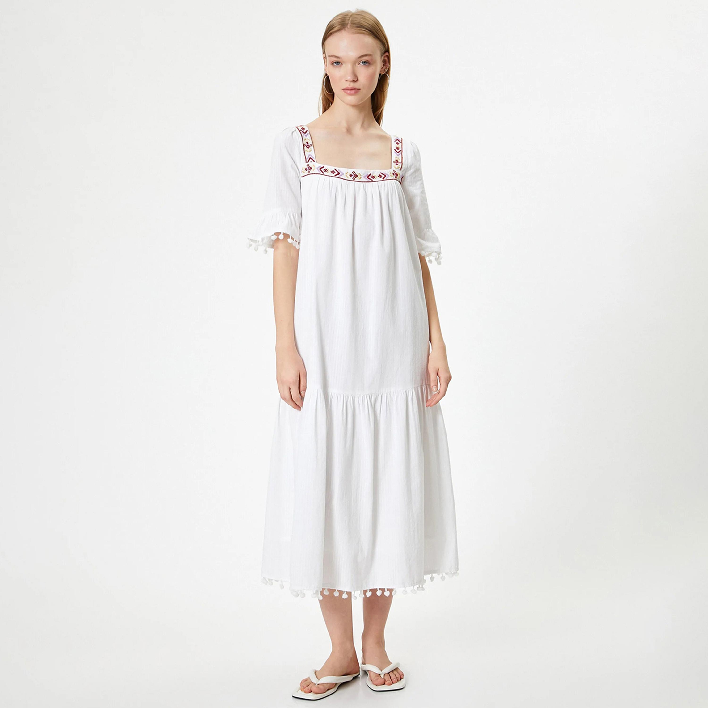 KOTON White Striped Square Neck Tiered Women's Midi Dress-women-clothing-dresses-image-1