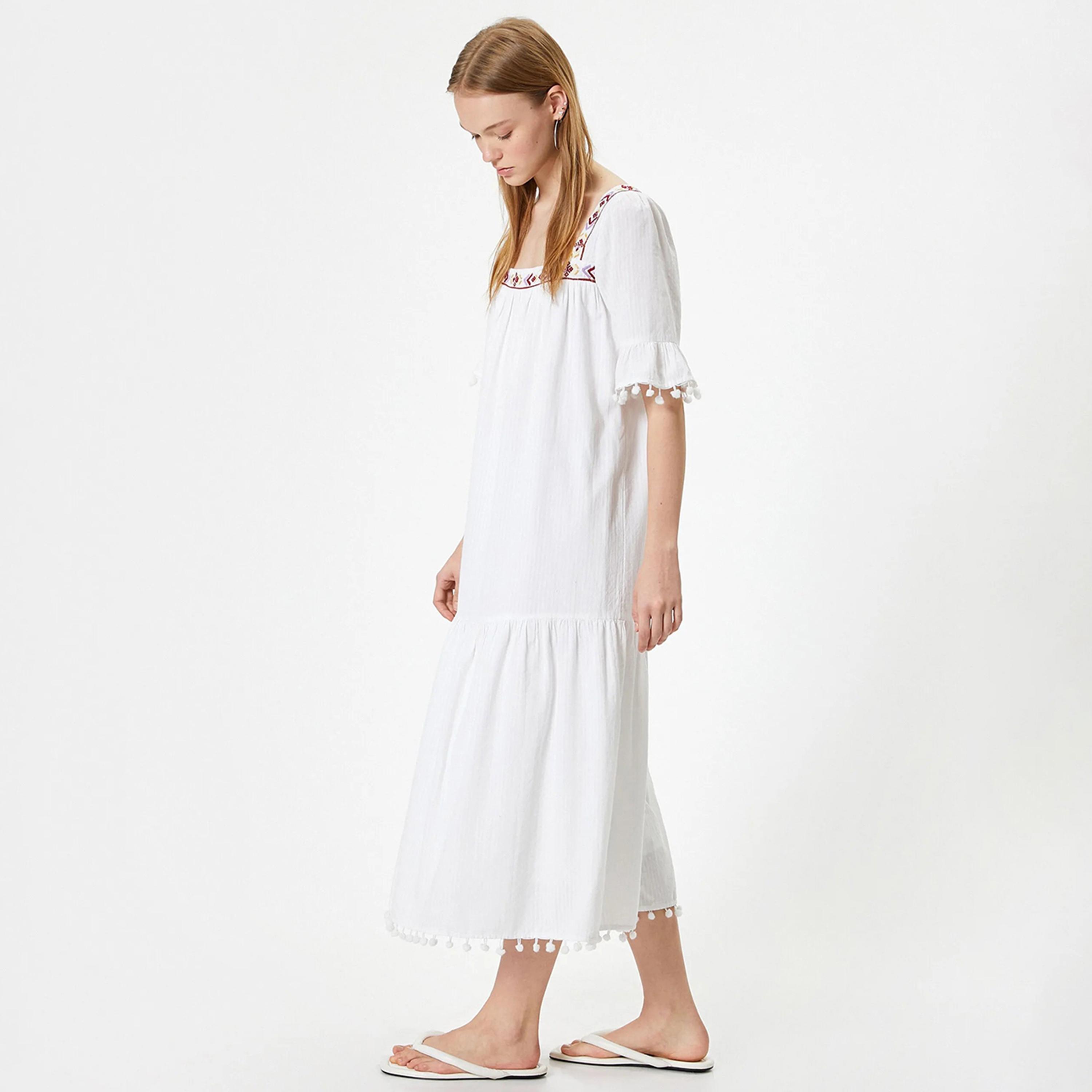 KOTON White Striped Square Neck Tiered Women's Midi Dress-women-clothing-dresses-image-2