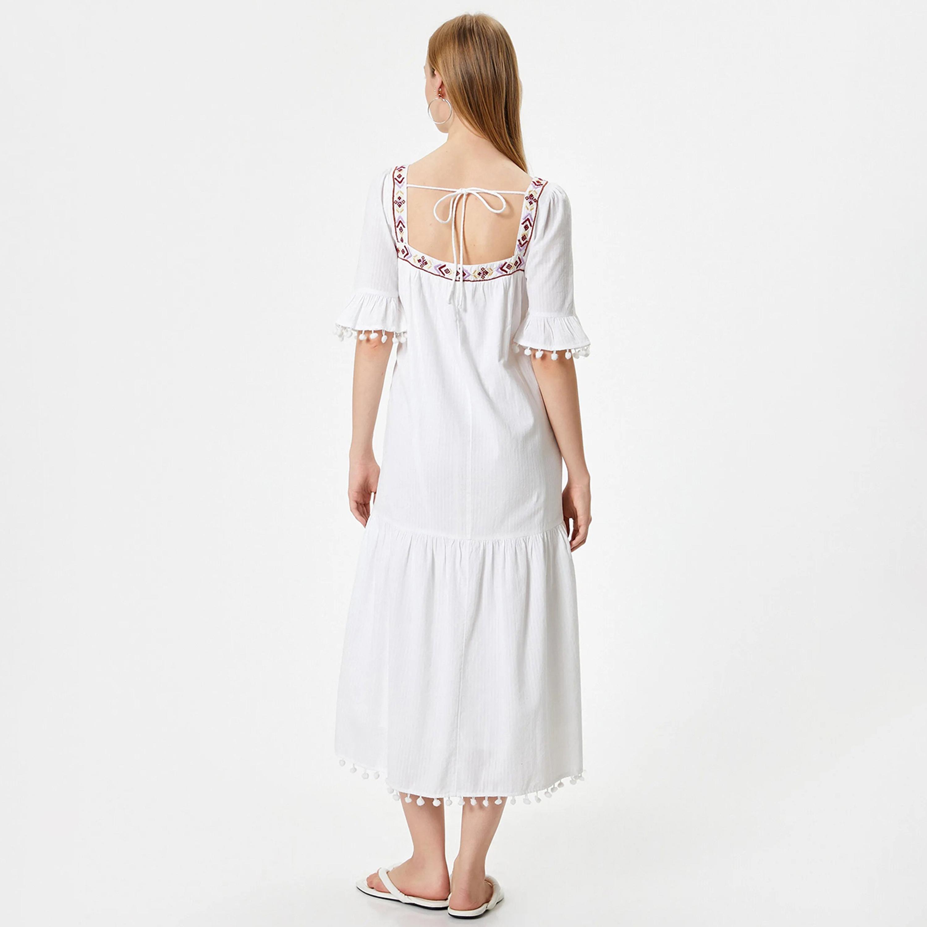 KOTON White Striped Square Neck Tiered Women's Midi Dress-women-clothing-dresses-image-3