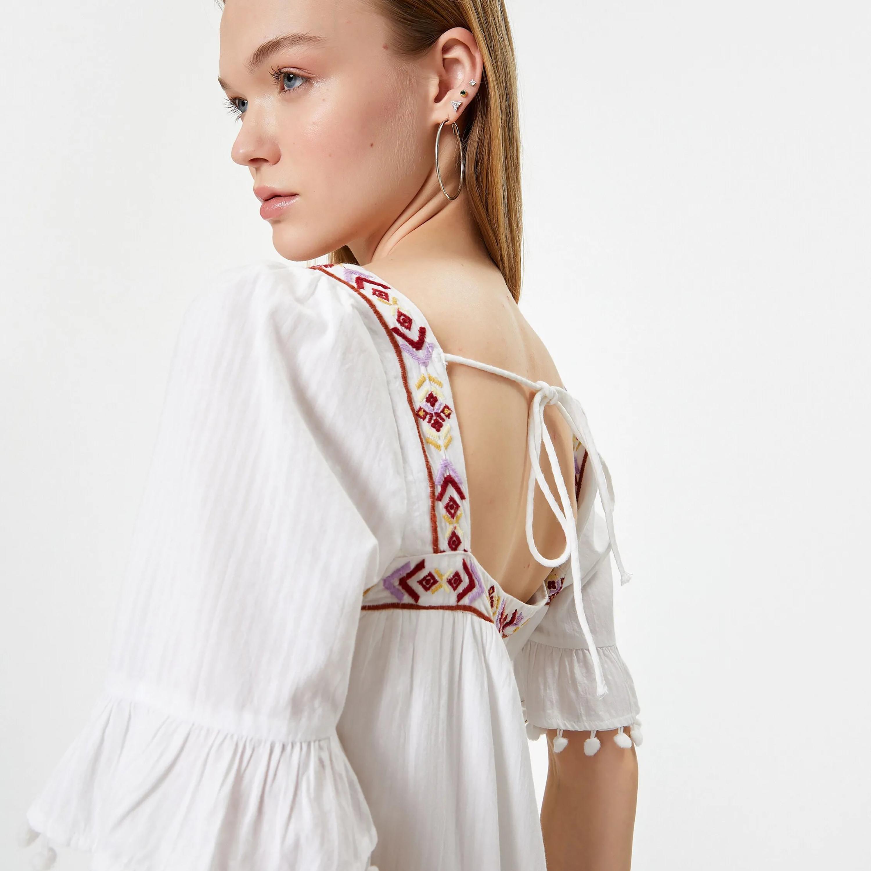 KOTON White Striped Square Neck Tiered Women's Midi Dress-women-clothing-dresses-image-5