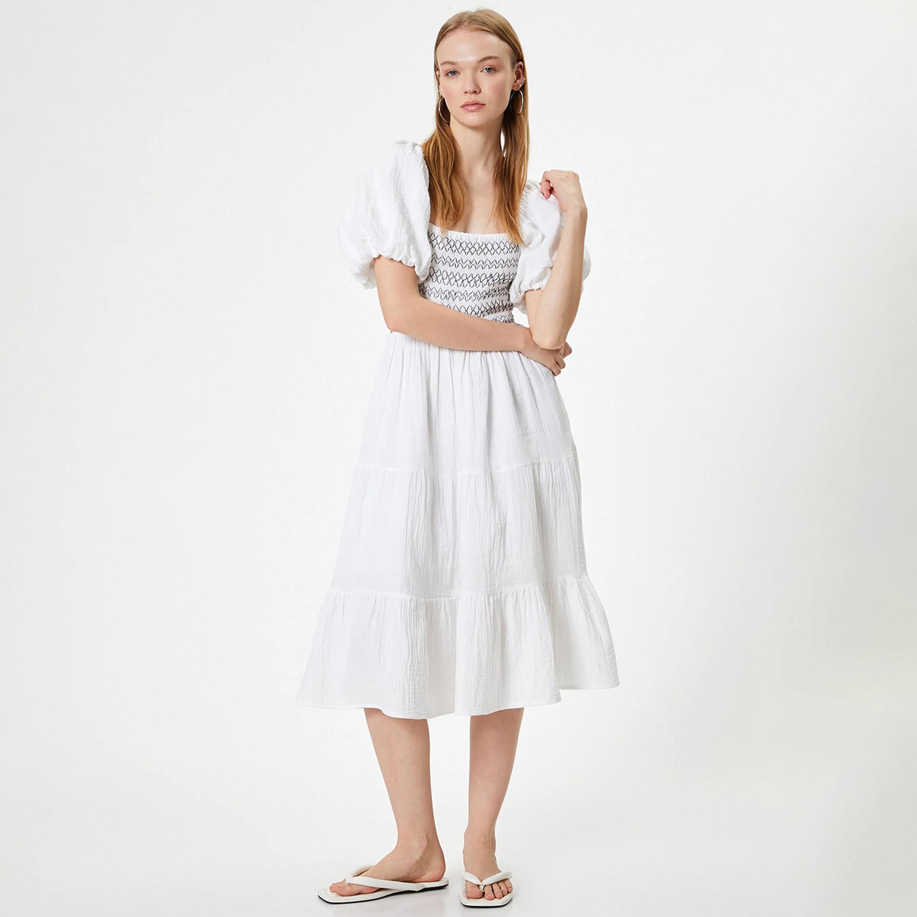 فستان نسائي متوسط الطول من القطن الأبيض المزركش بأكمام منتفخة ورقبة مربعة من كوتون-women-clothing-dresses-image-1