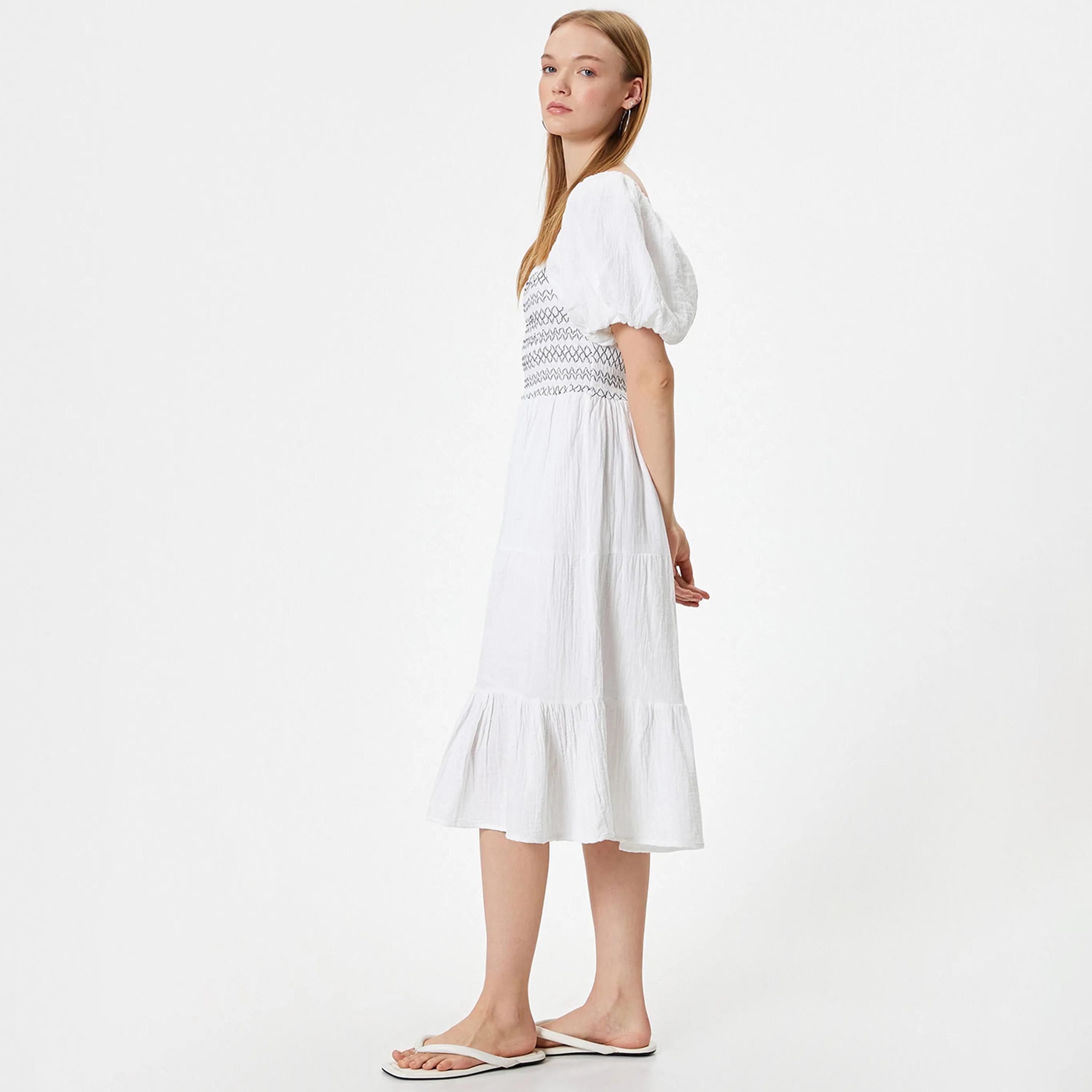 فستان نسائي متوسط الطول من القطن الأبيض المزركش بأكمام منتفخة ورقبة مربعة من كوتون-women-clothing-dresses-image-2
