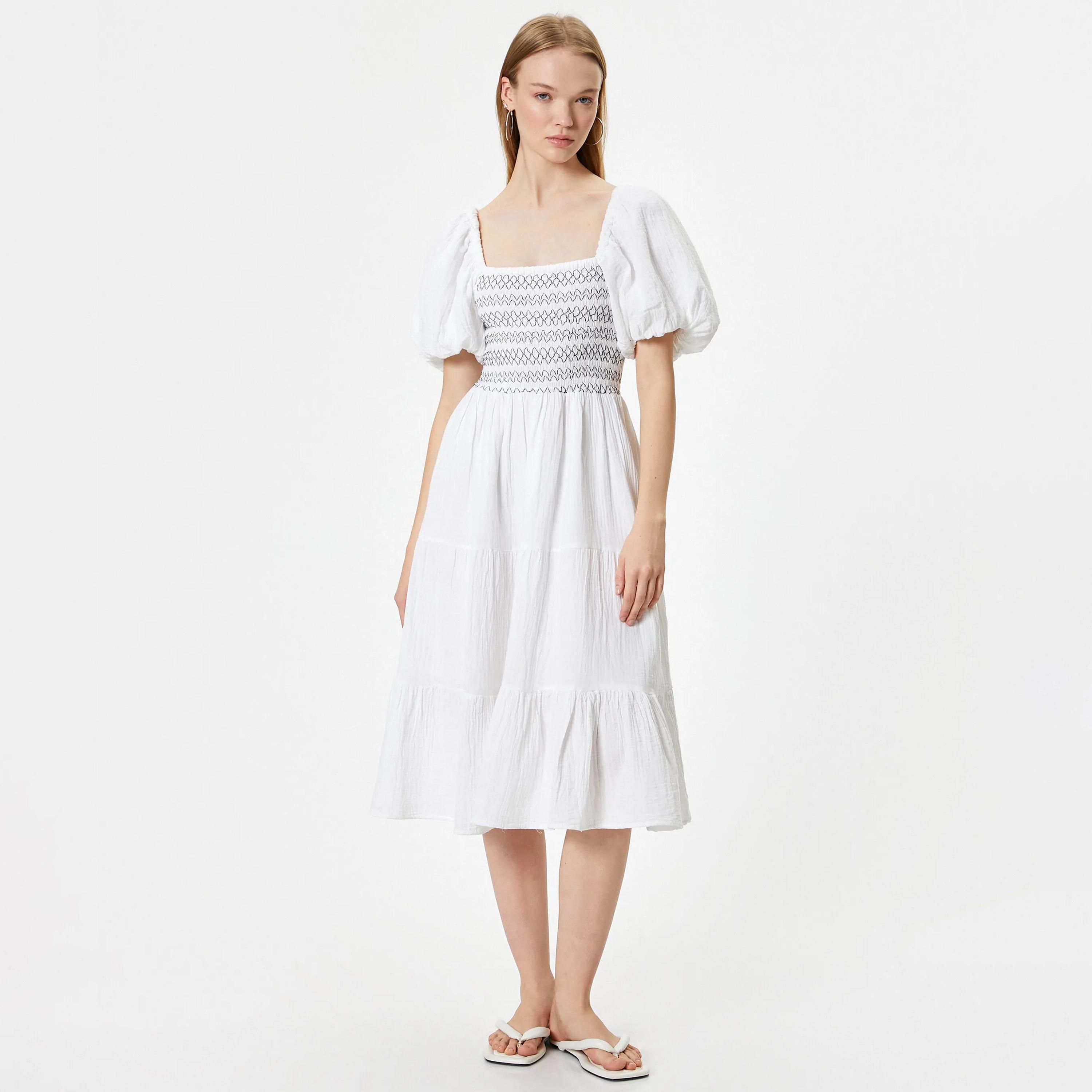 فستان نسائي متوسط الطول من القطن الأبيض المزركش بأكمام منتفخة ورقبة مربعة من كوتون-women-clothing-dresses-image-5