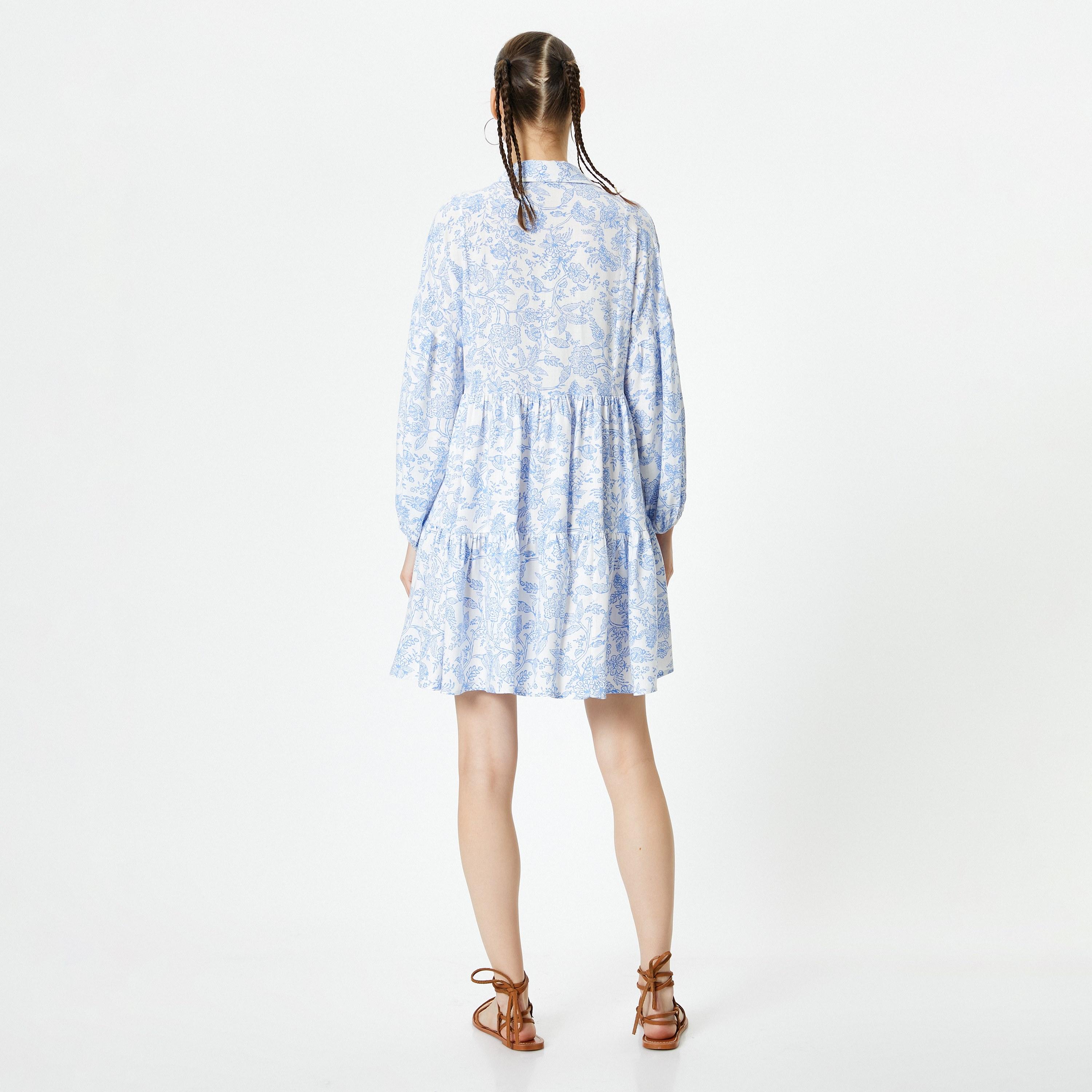 KOTON Blue Floral Print Viscose Collared Dropped Balloon Sleeves Tiered Women's Mini Dress-women-clothing-dresses-image-3
