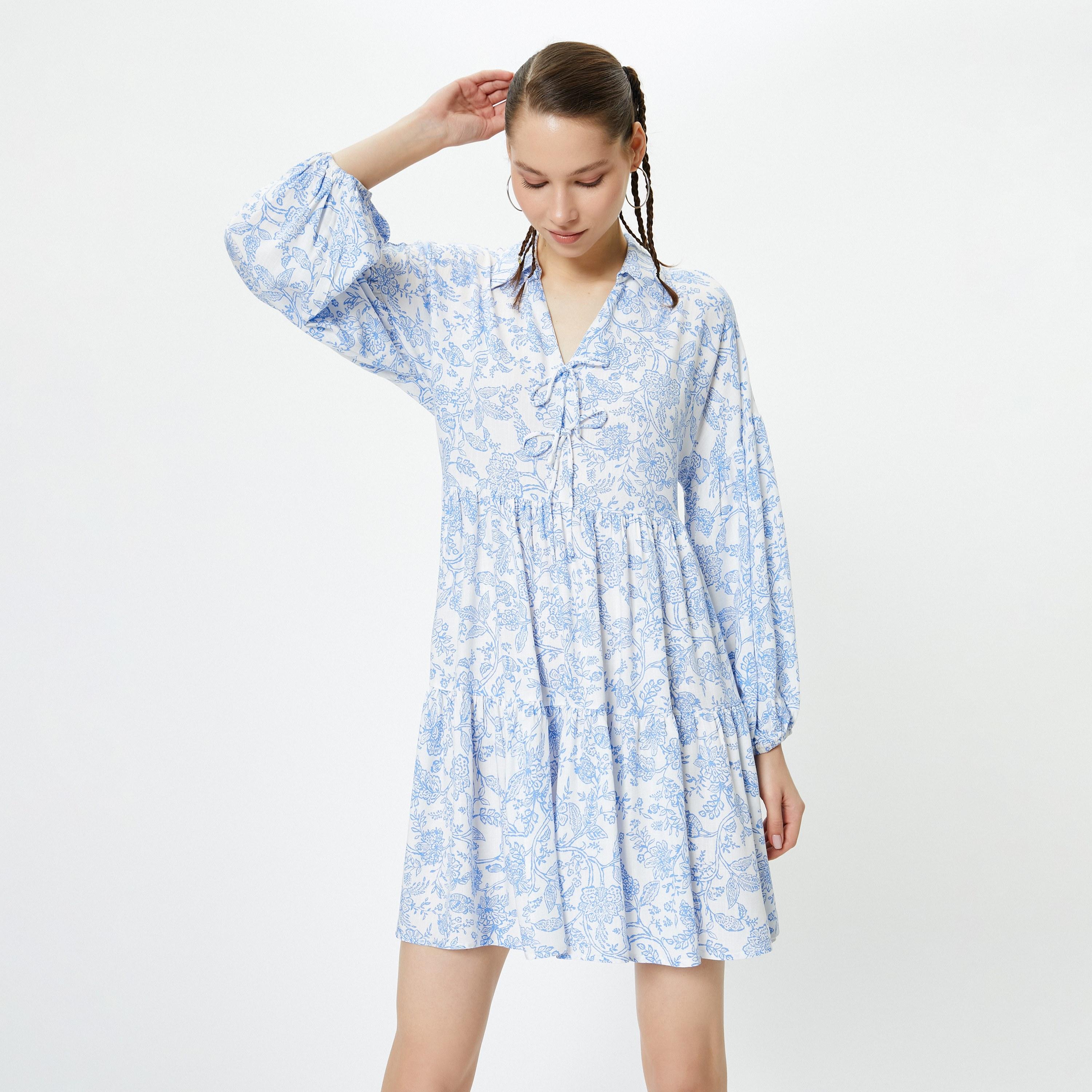 KOTON Blue Floral Print Viscose Collared Dropped Balloon Sleeves Tiered Women's Mini Dress-women-clothing-dresses-image-4