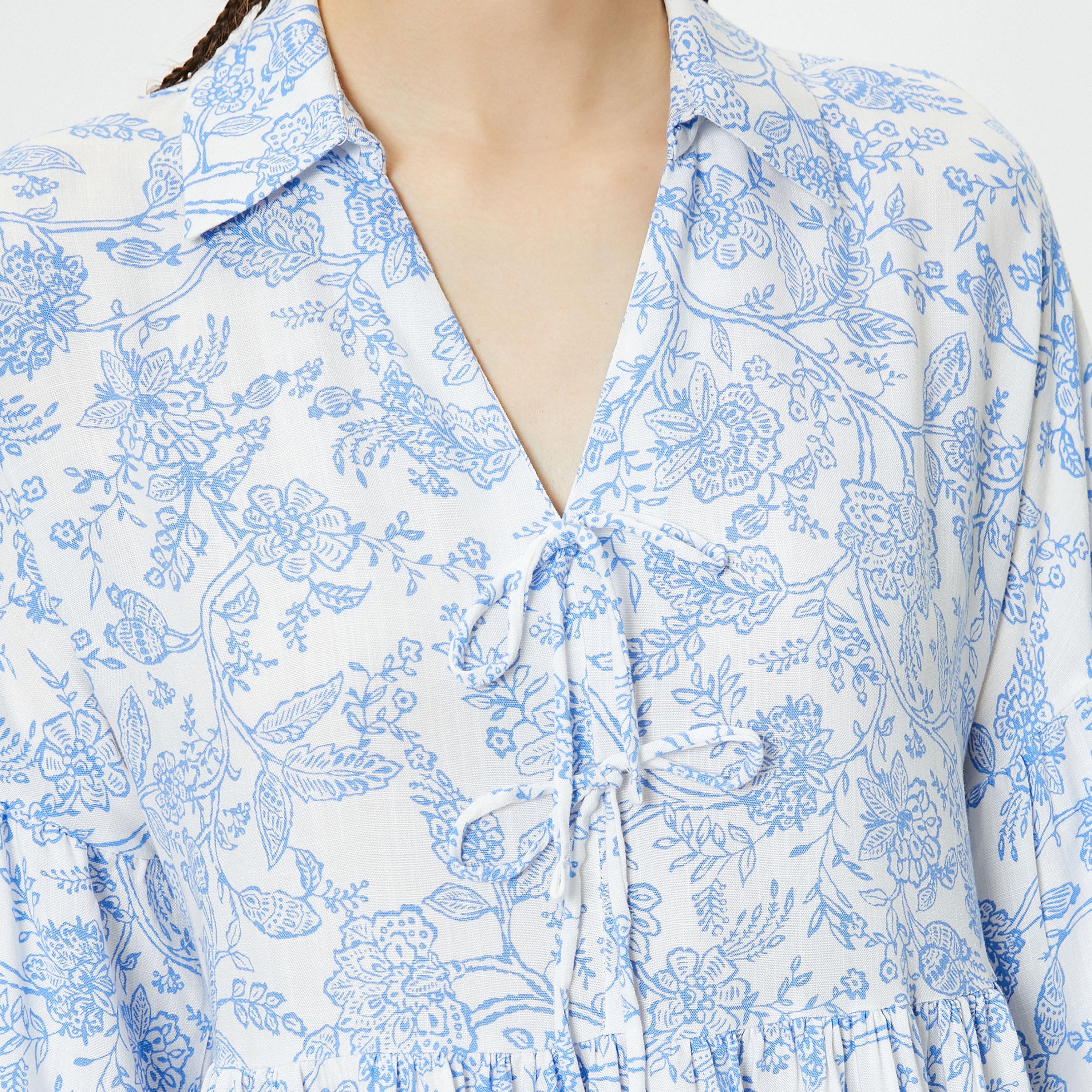 KOTON Blue Floral Print Viscose Collared Dropped Balloon Sleeves Tiered Women's Mini Dress-women-clothing-dresses-image-5