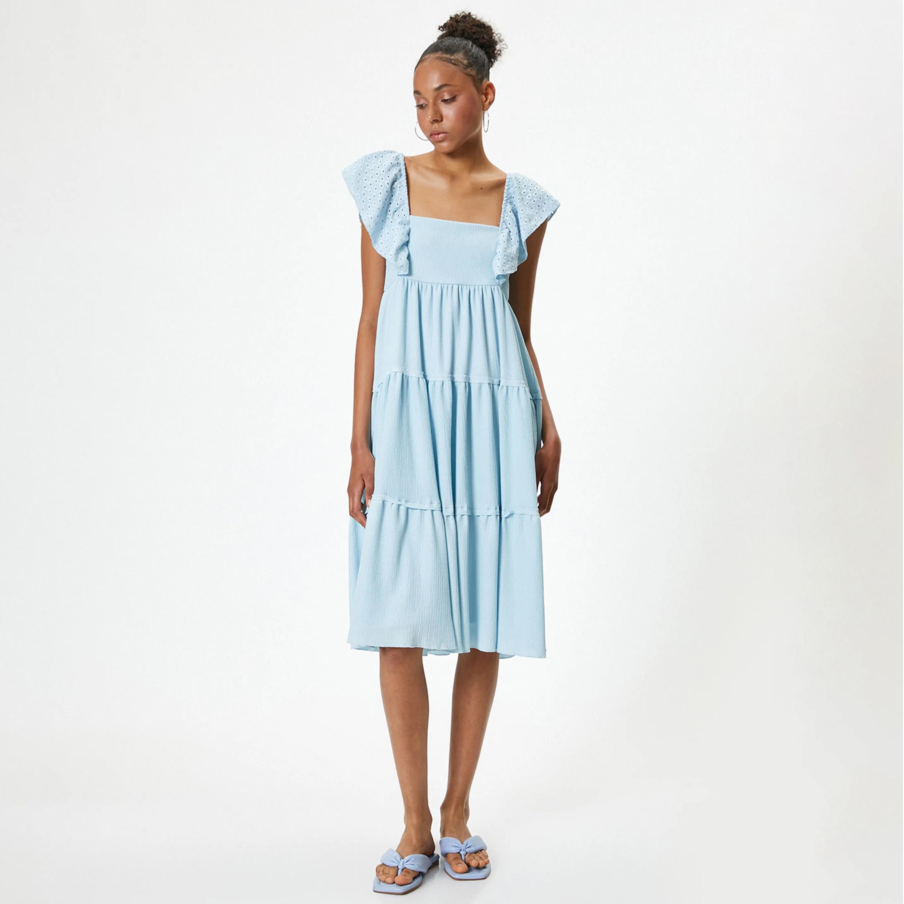 KOTON Blue Smocked & Embroidered Square Neck Tiered Women's Knee Dress-women-clothing-dresses-image-1
