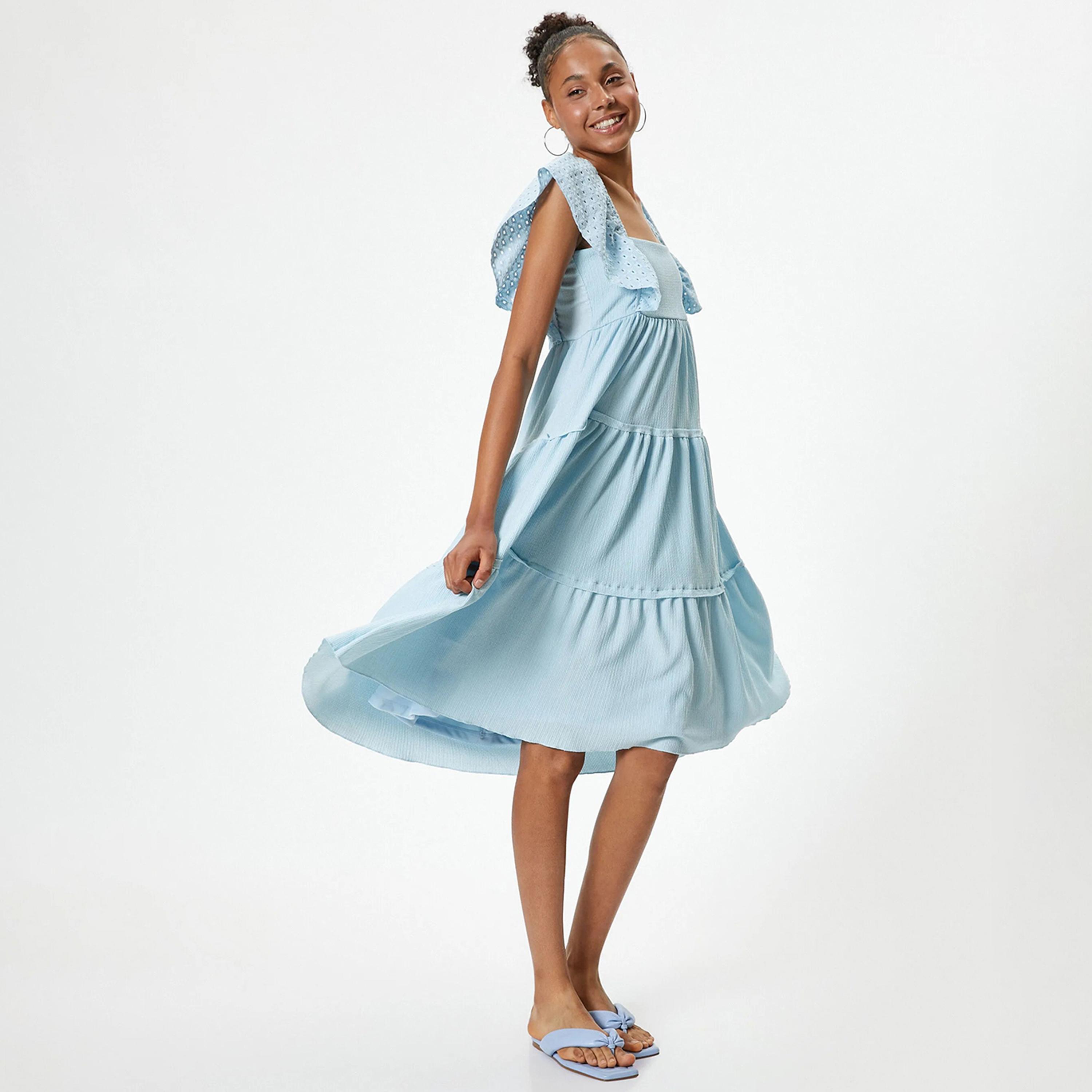 KOTON Blue Smocked & Embroidered Square Neck Tiered Women's Knee Dress-women-clothing-dresses-image-2