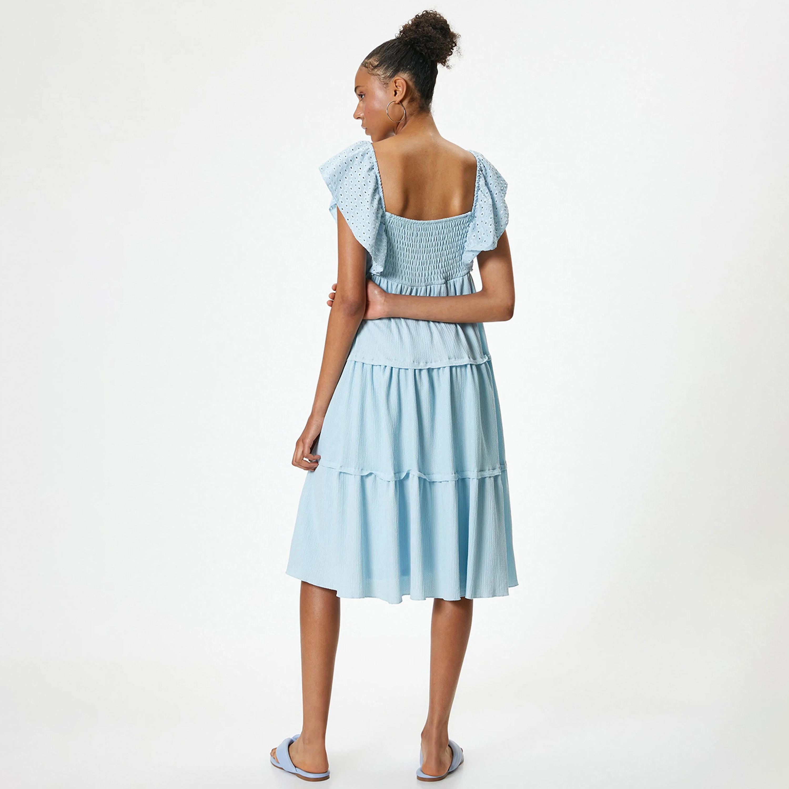 KOTON Blue Smocked & Embroidered Square Neck Tiered Women's Knee Dress-women-clothing-dresses-image-3
