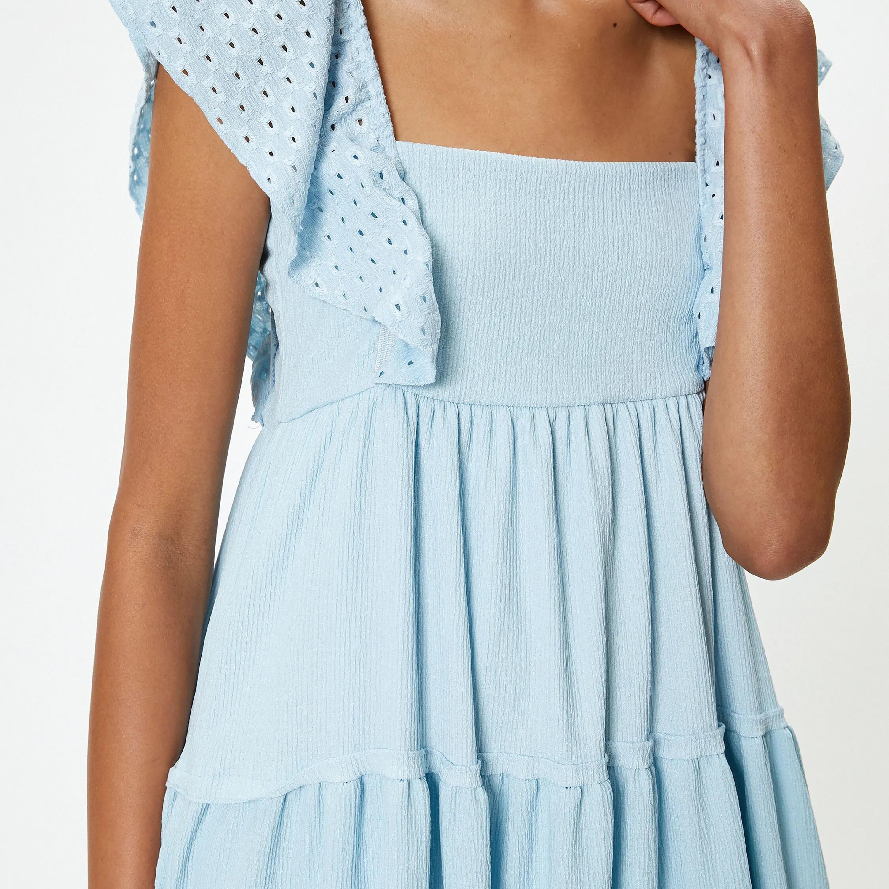 KOTON Blue Smocked & Embroidered Square Neck Tiered Women's Knee Dress-women-clothing-dresses-image-4