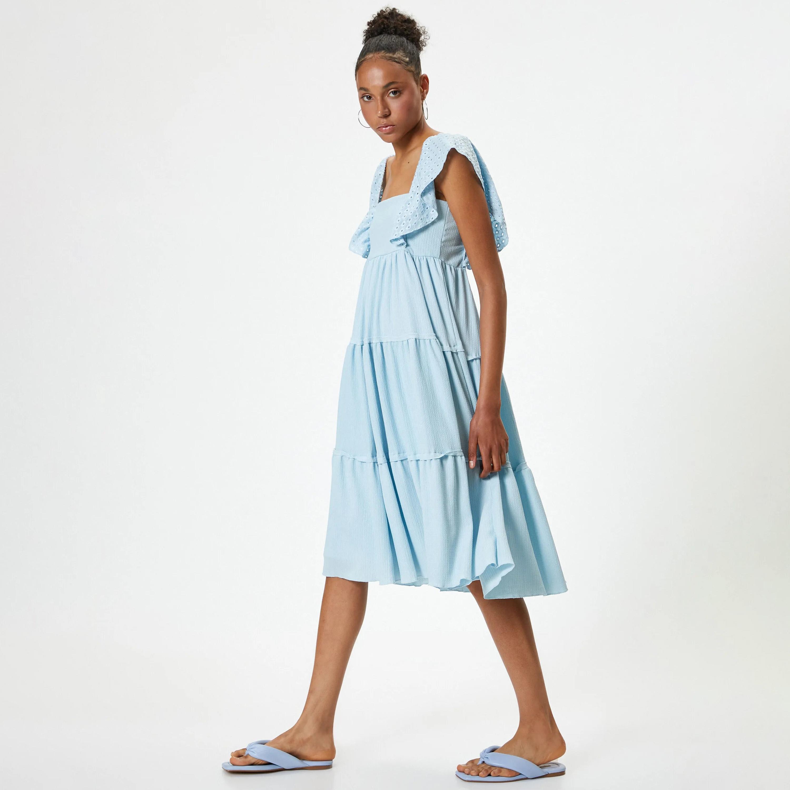 KOTON Blue Smocked & Embroidered Square Neck Tiered Women's Knee Dress-women-clothing-dresses-image-5