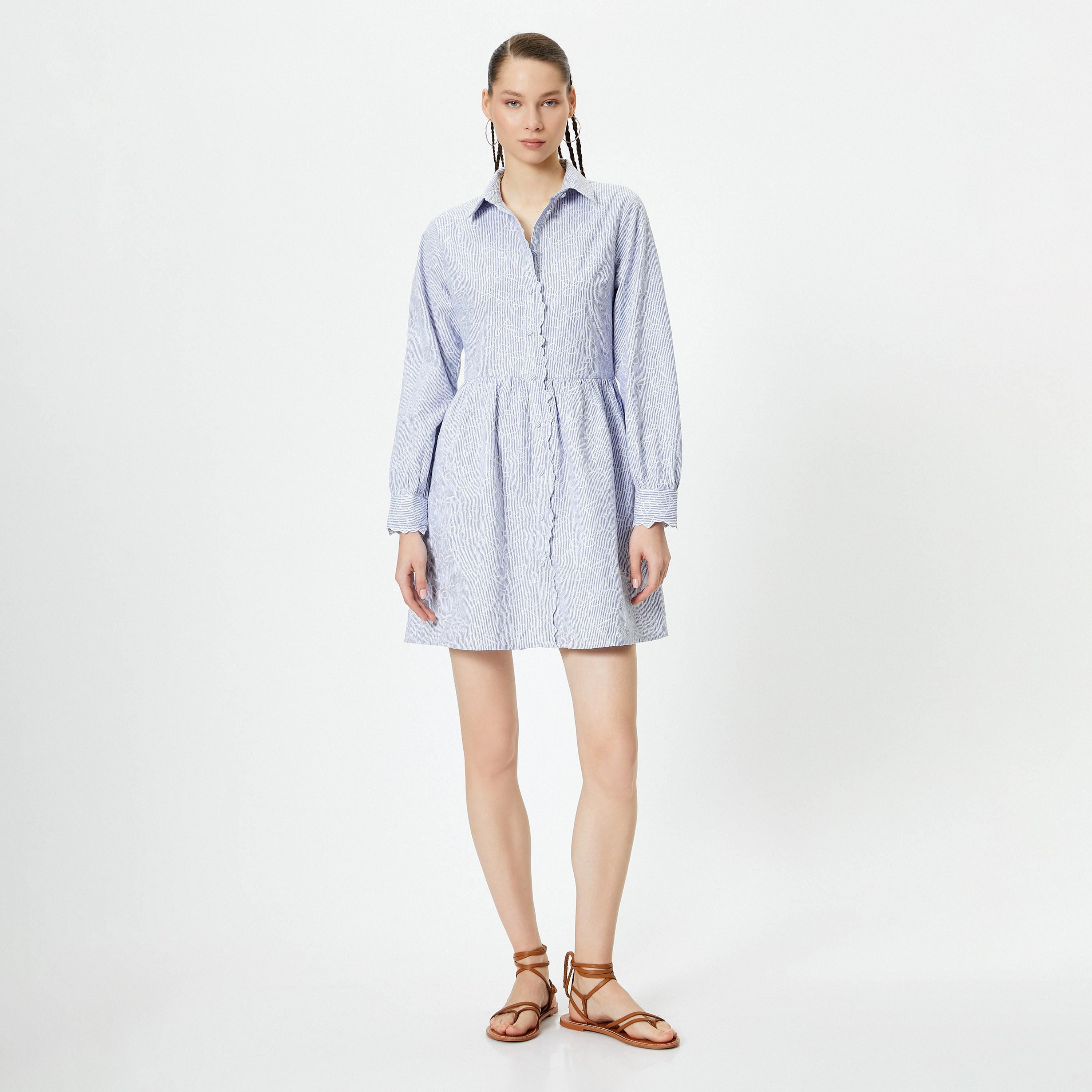 فستان نسائي قصير أزرق بياقة وتطريز وخطوط وأكمام مزودة بأساور من كوتون-women-clothing-dresses-image-1