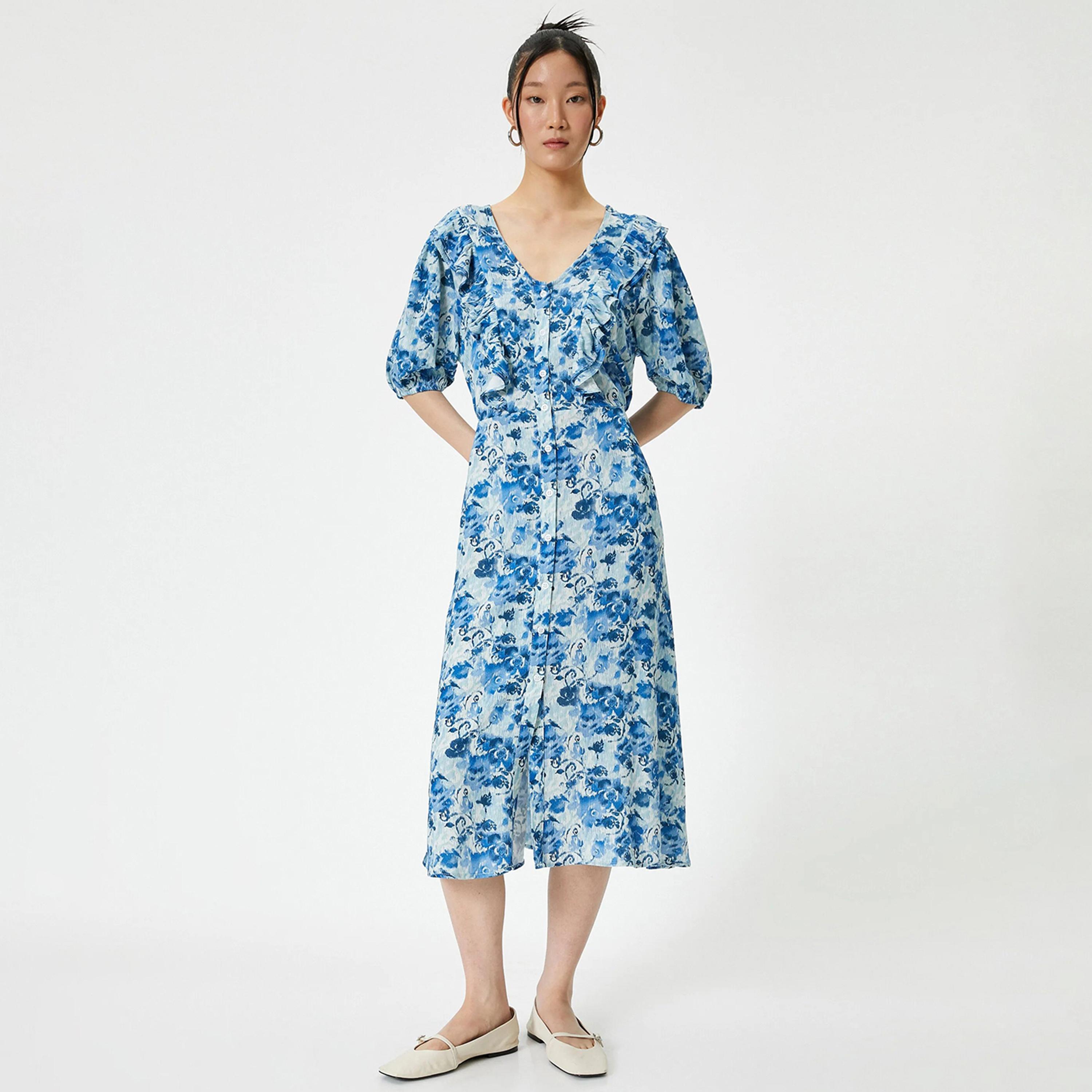 فستان قميص نسائي متوسط الطول بأكمام منتفخة من الفيسكوز باللون الأزرق المزهر من كوتون-women-clothing-dresses-image-1