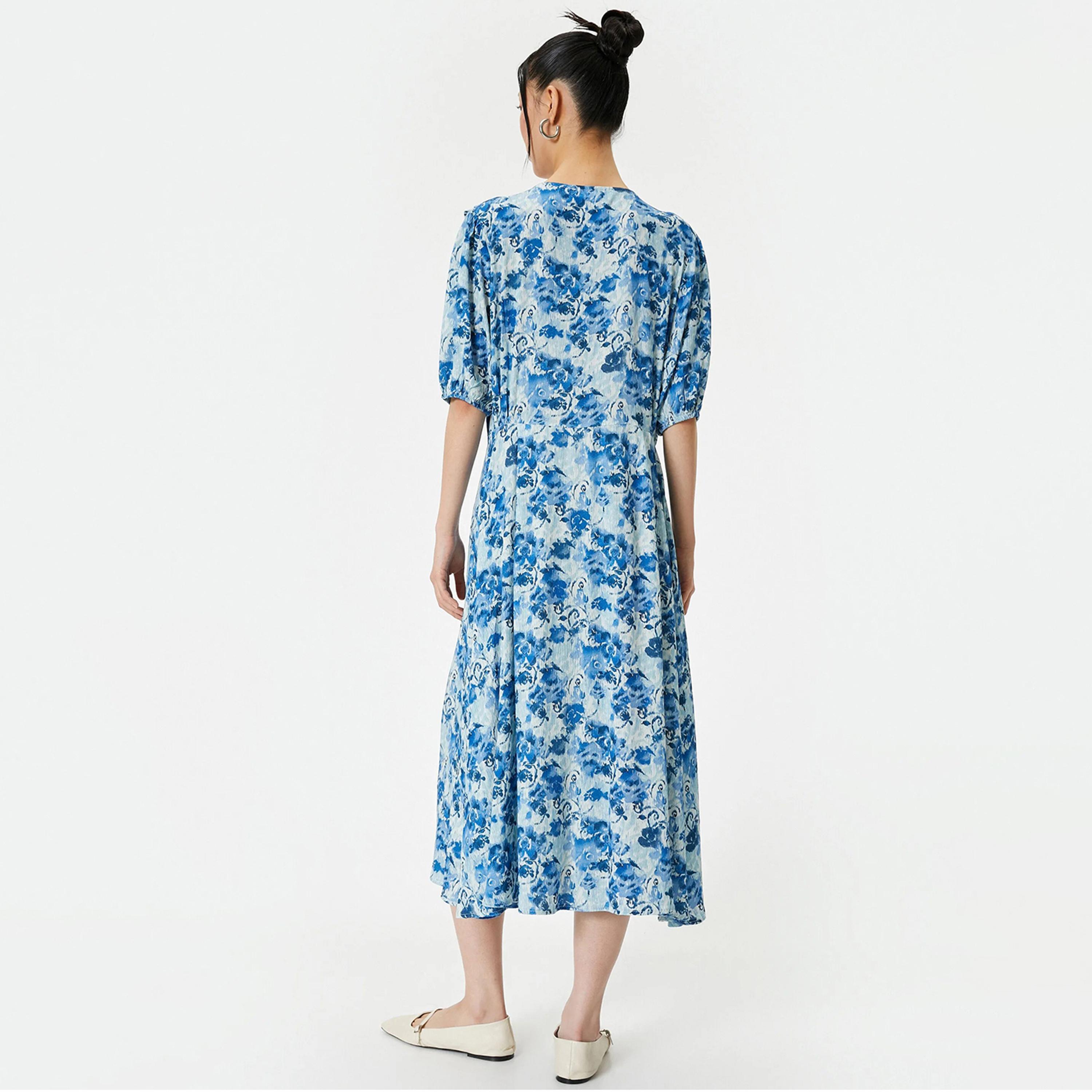 فستان قميص نسائي متوسط الطول بأكمام منتفخة من الفيسكوز باللون الأزرق المزهر من كوتون-women-clothing-dresses-image-3