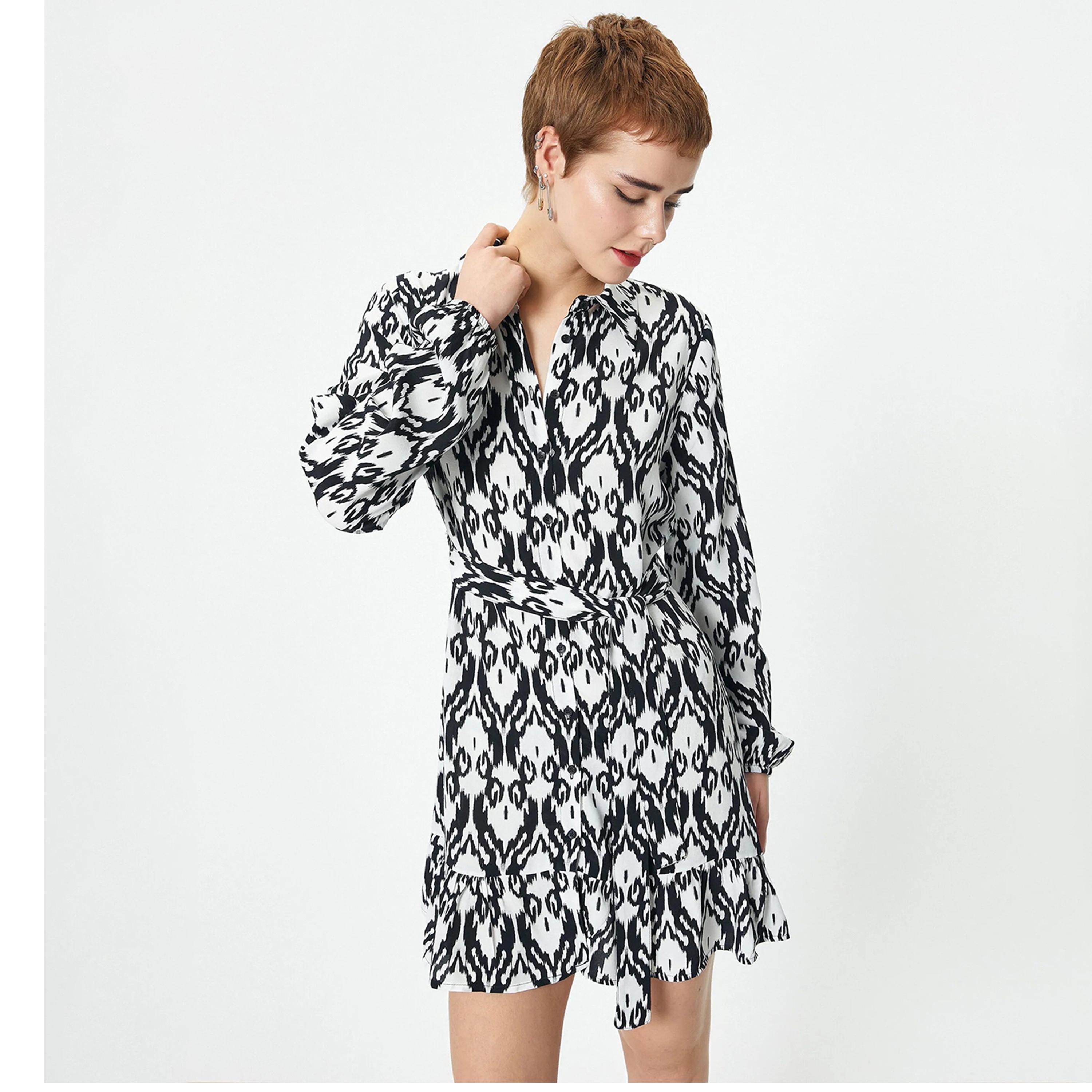 KOTON Black Ikat Print Viscose Collared Women's Mini Shirt Dress-women-clothing-dresses-image-1
