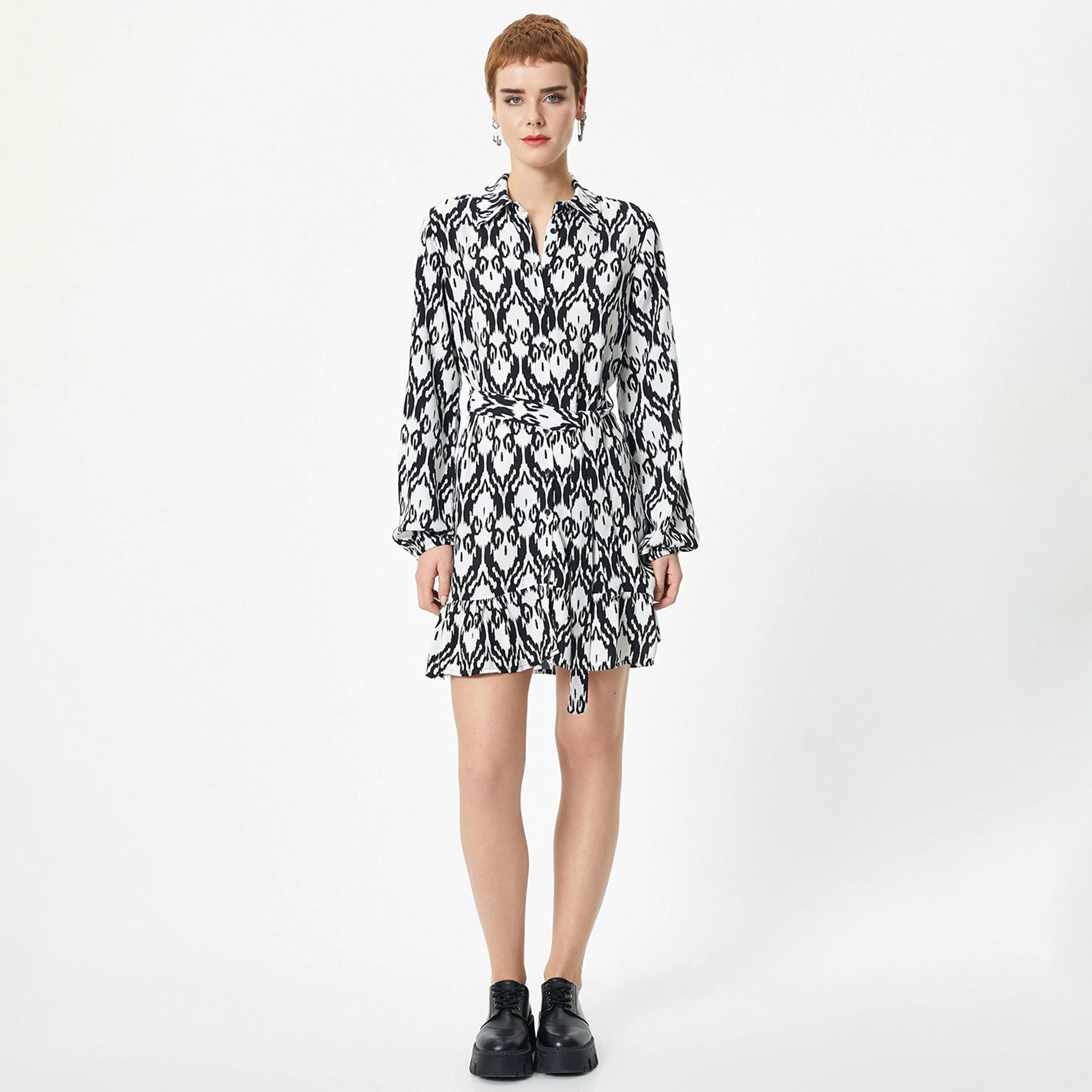 KOTON Black Ikat Print Viscose Collared Women's Mini Shirt Dress-women-clothing-dresses-image-2