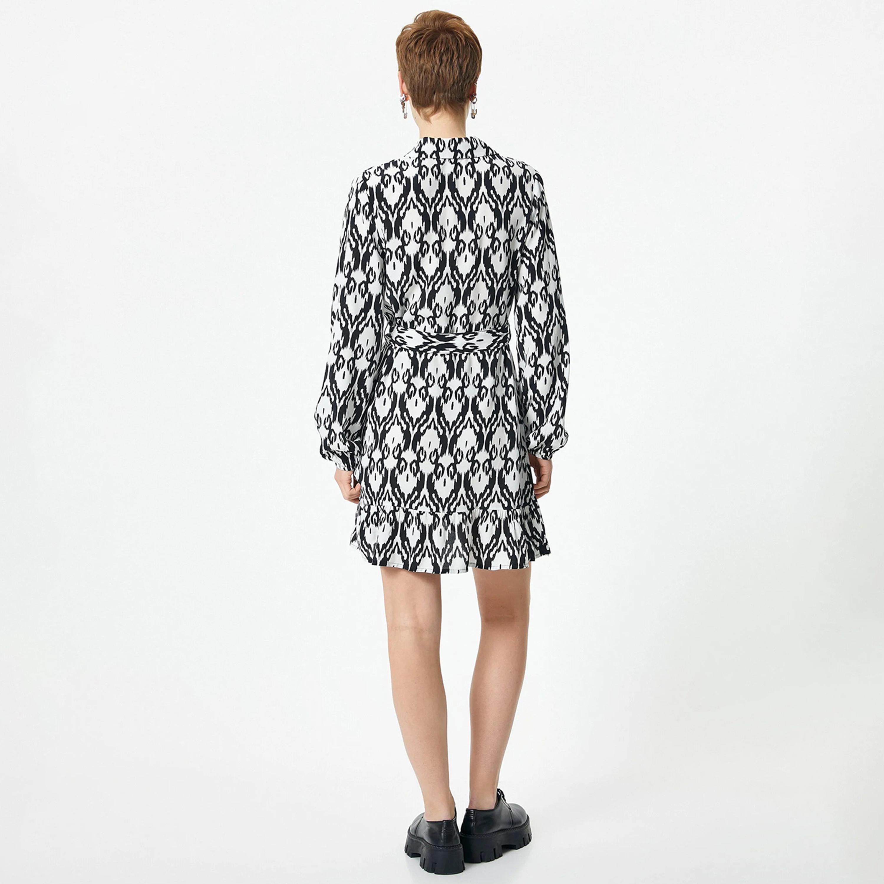 KOTON Black Ikat Print Viscose Collared Women's Mini Shirt Dress-women-clothing-dresses-image-3