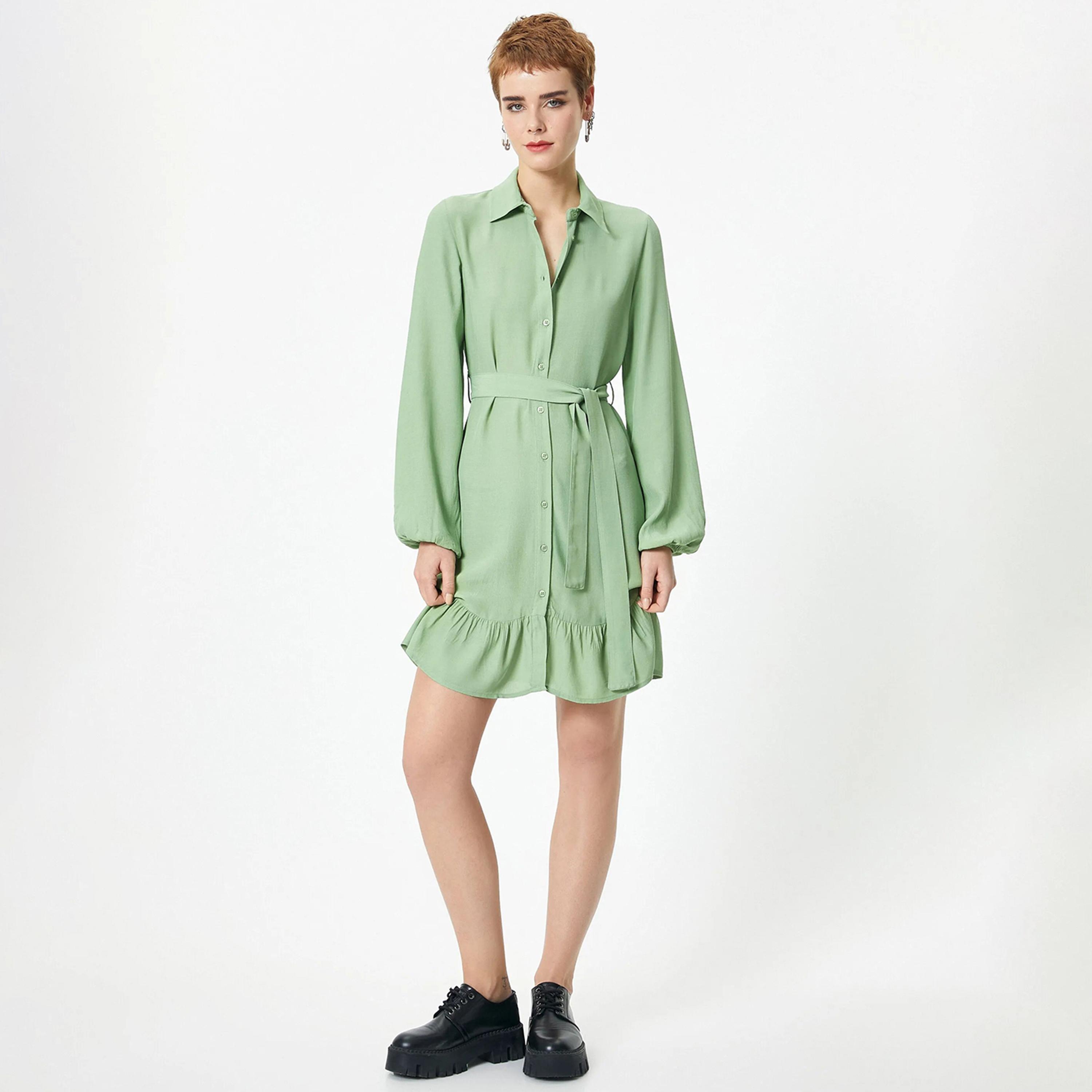 KOTON Green Plain Viscose Collared Women's Mini Shirt Dress-women-clothing-dresses-image-1