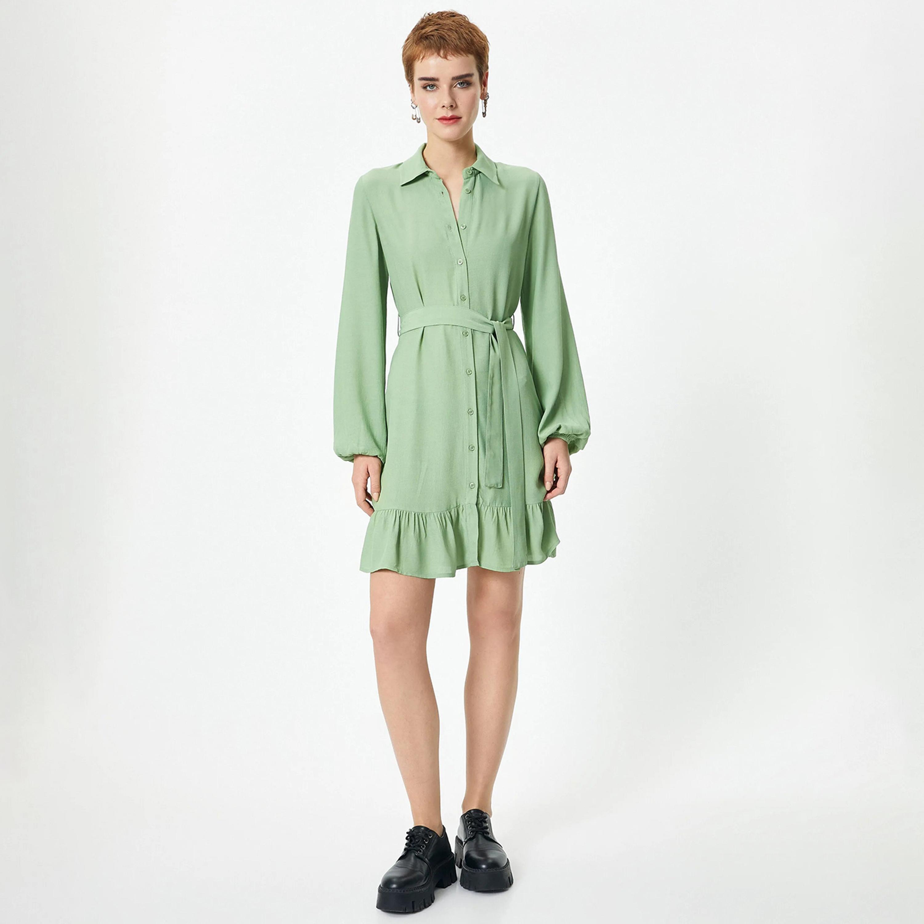 KOTON Green Plain Viscose Collared Women's Mini Shirt Dress-women-clothing-dresses-image-2