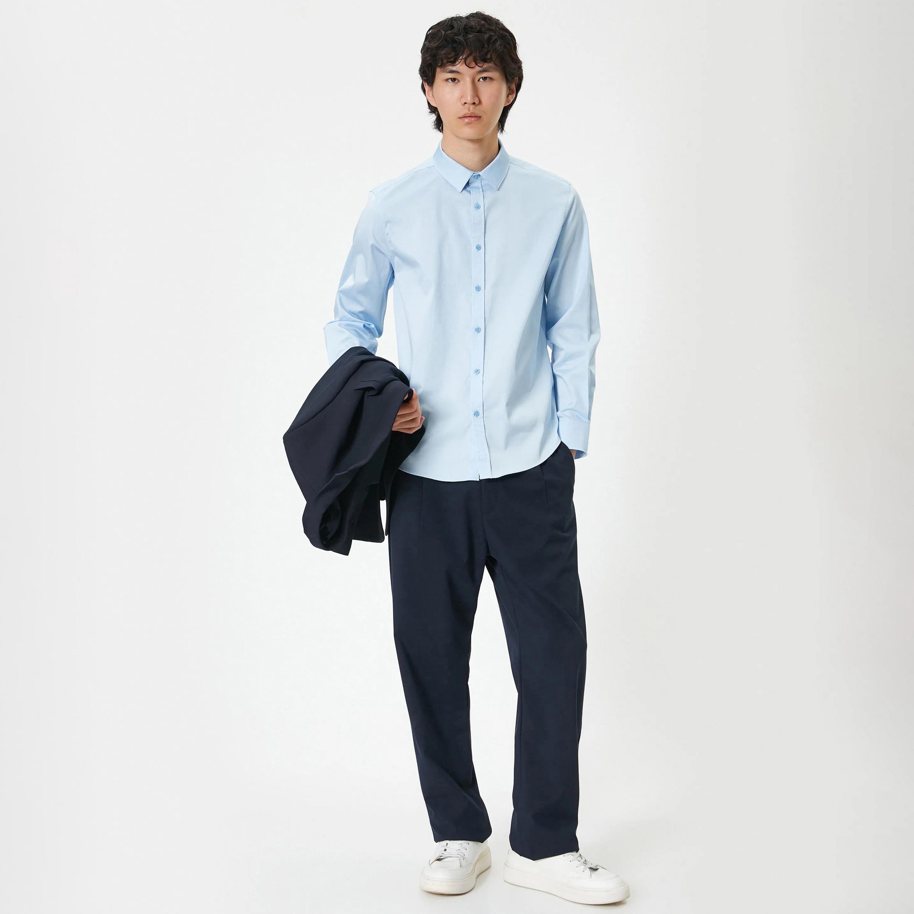 قميص رجالي بأكمام طويلة وياقة سادة بتصميم عادي من كوتون.-men-clothing-shirts-image-2