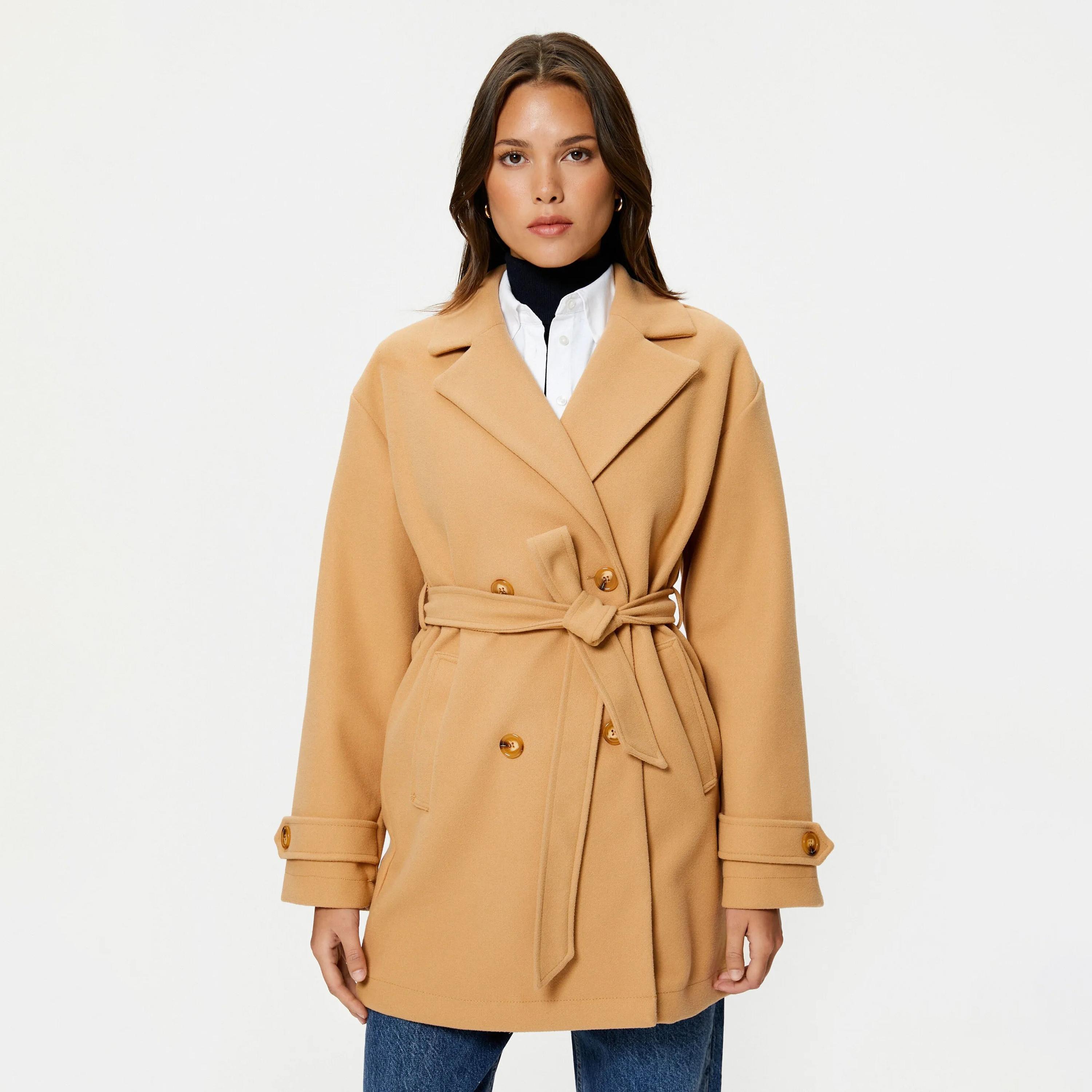معطف نسائي بني اللون ذو ياقة مطوية وصدر مزدوج من كوتون-women-winterwear-coatsandjackets-coats-image-1