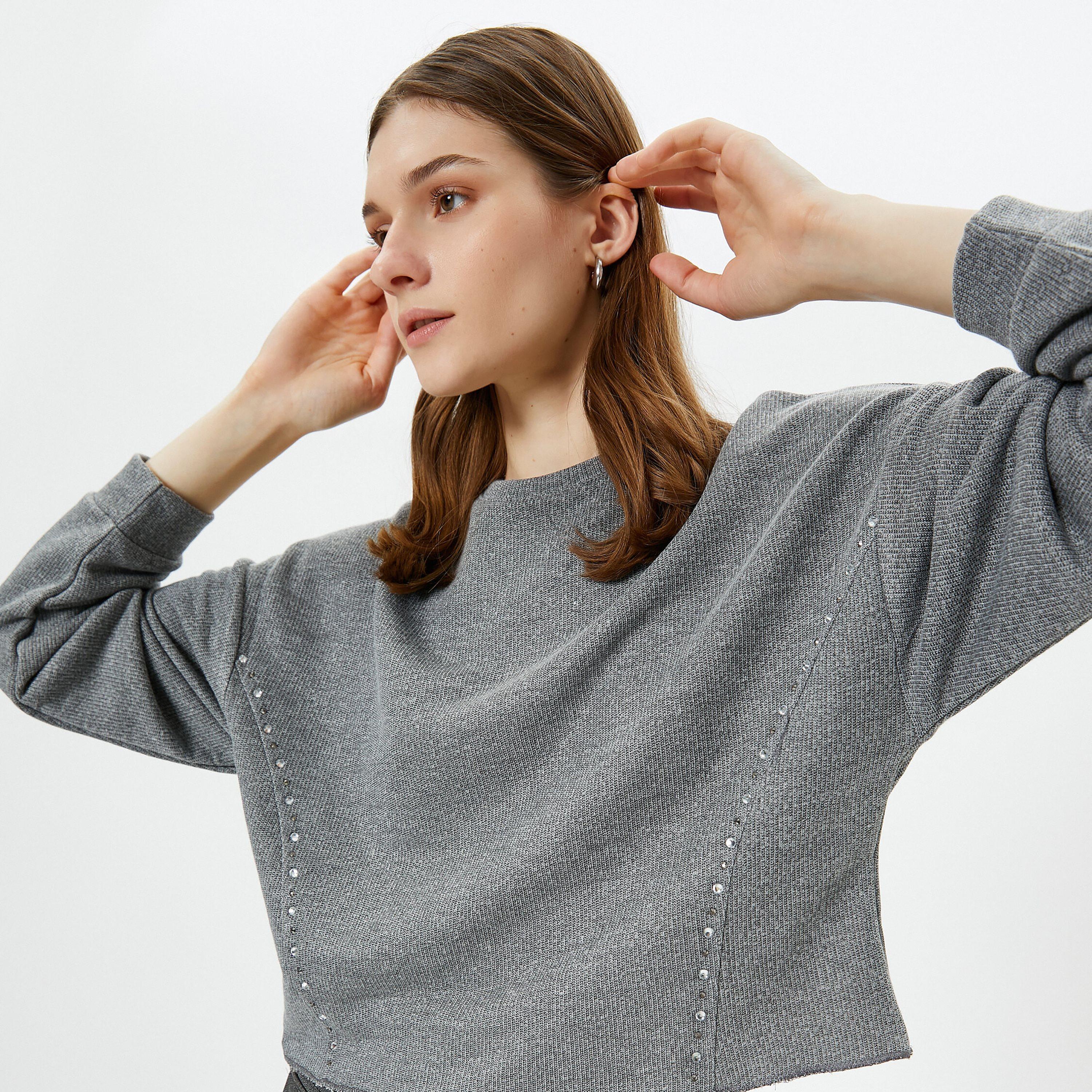 KOTON Grey Dropped Sleeves Women's Sweatshirt-women-clothing-hoodiesandsweatshirts-sweatshirts-image-4