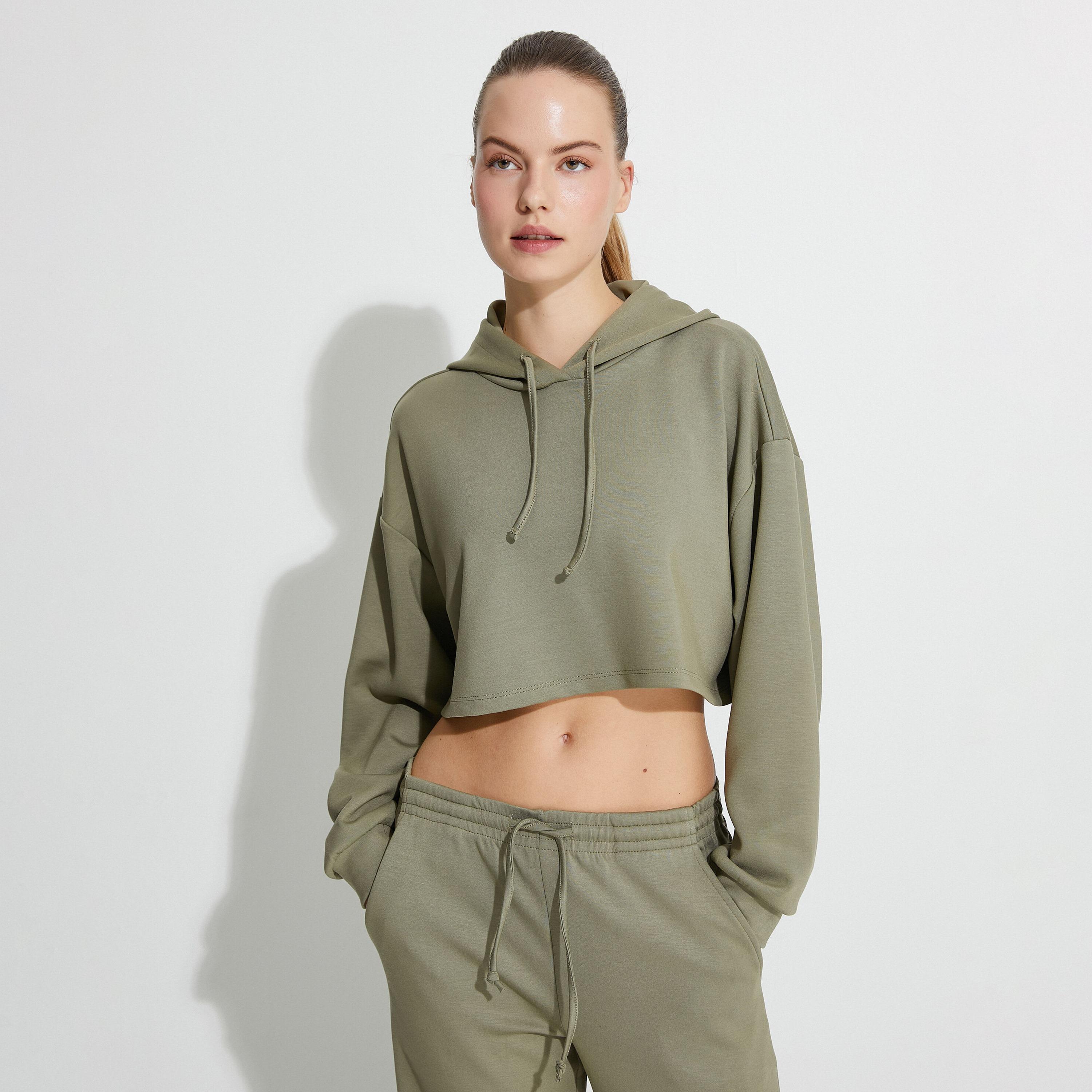 KOTON Green Modal Hooded Neck Dropped Sleeves Women's Cropped Hoodie-women-clothing-hoodiesandsweatshirts-hoodies-image-1