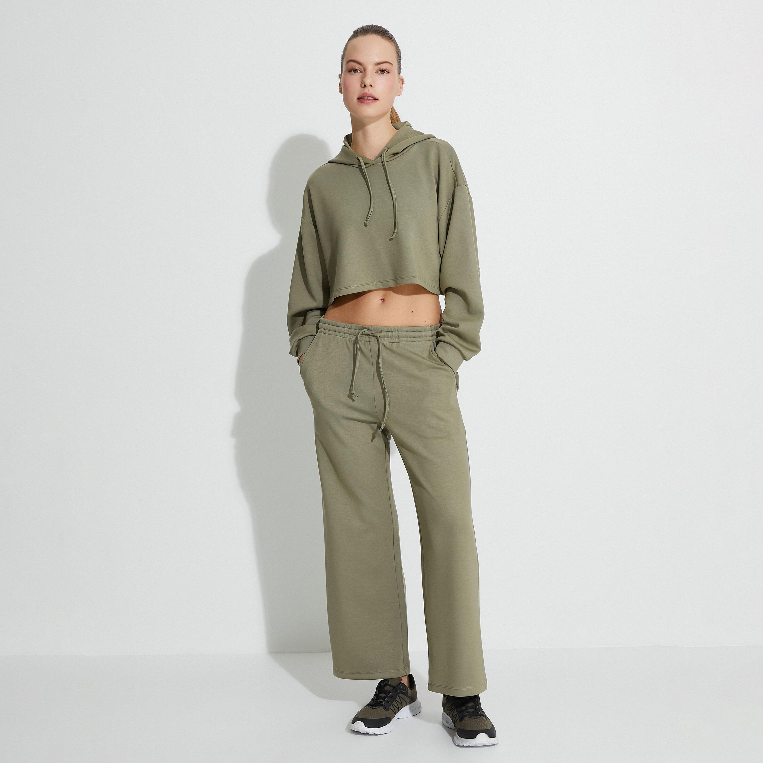 KOTON Green Modal Hooded Neck Dropped Sleeves Women's Cropped Hoodie-women-clothing-hoodiesandsweatshirts-hoodies-image-2
