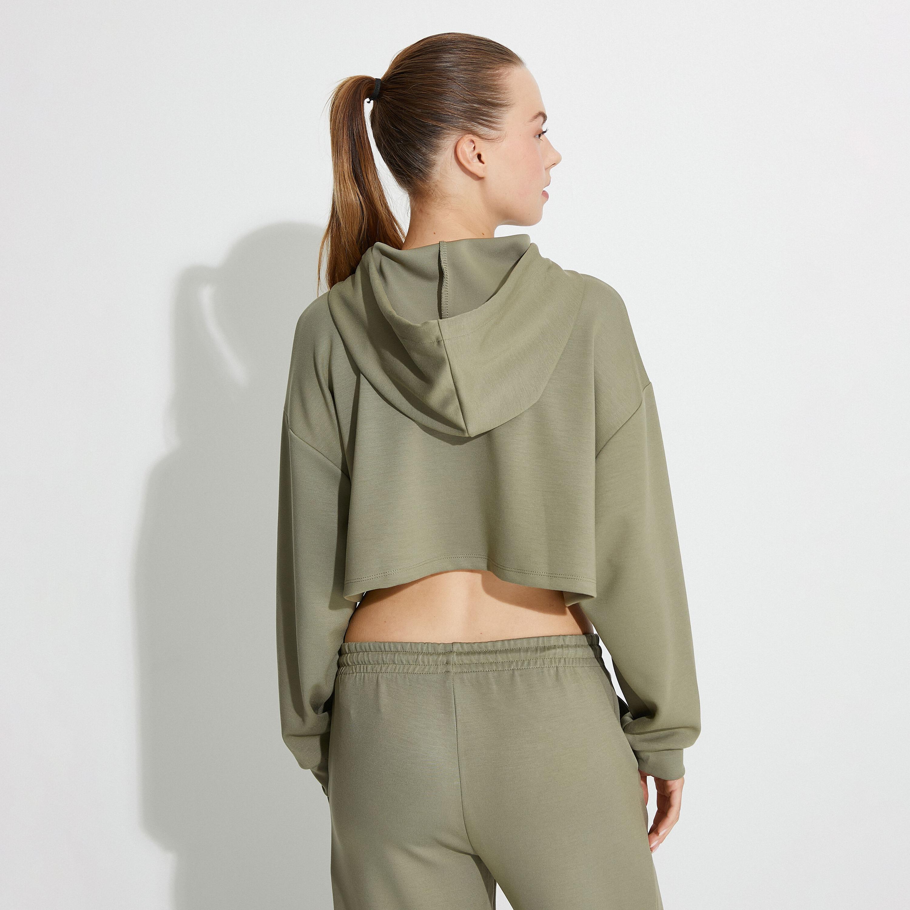 KOTON Green Modal Hooded Neck Dropped Sleeves Women's Cropped Hoodie-women-clothing-hoodiesandsweatshirts-hoodies-image-3