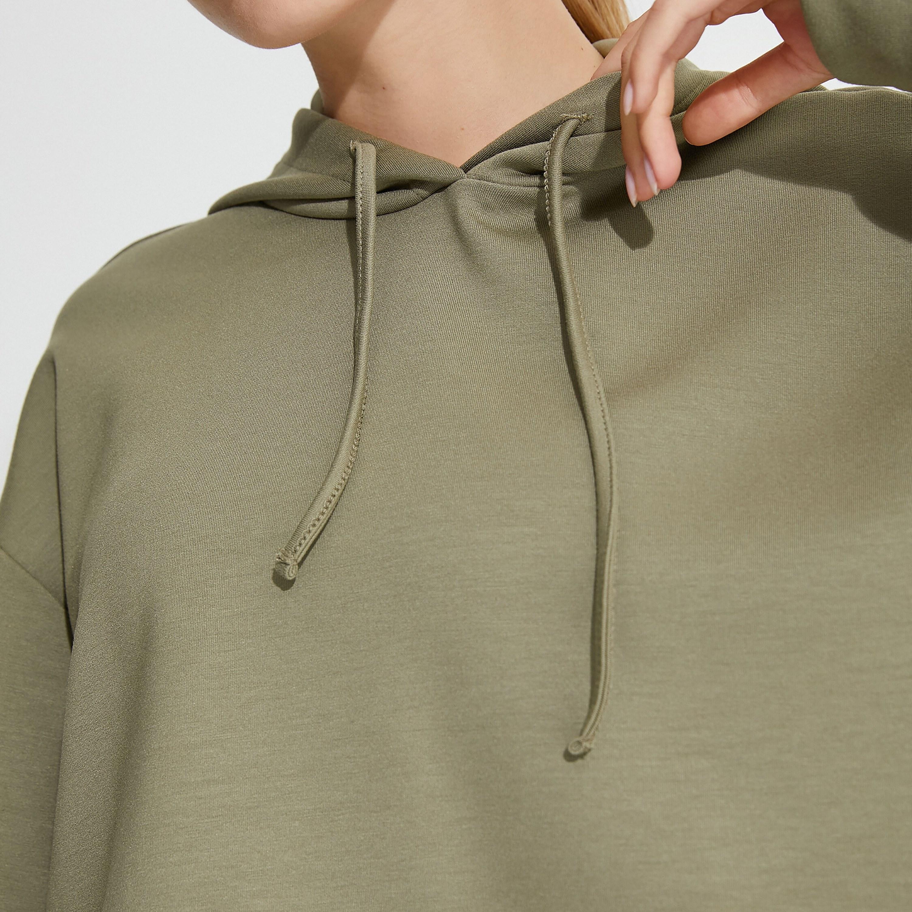 KOTON Green Modal Hooded Neck Dropped Sleeves Women's Cropped Hoodie-women-clothing-hoodiesandsweatshirts-hoodies-image-5