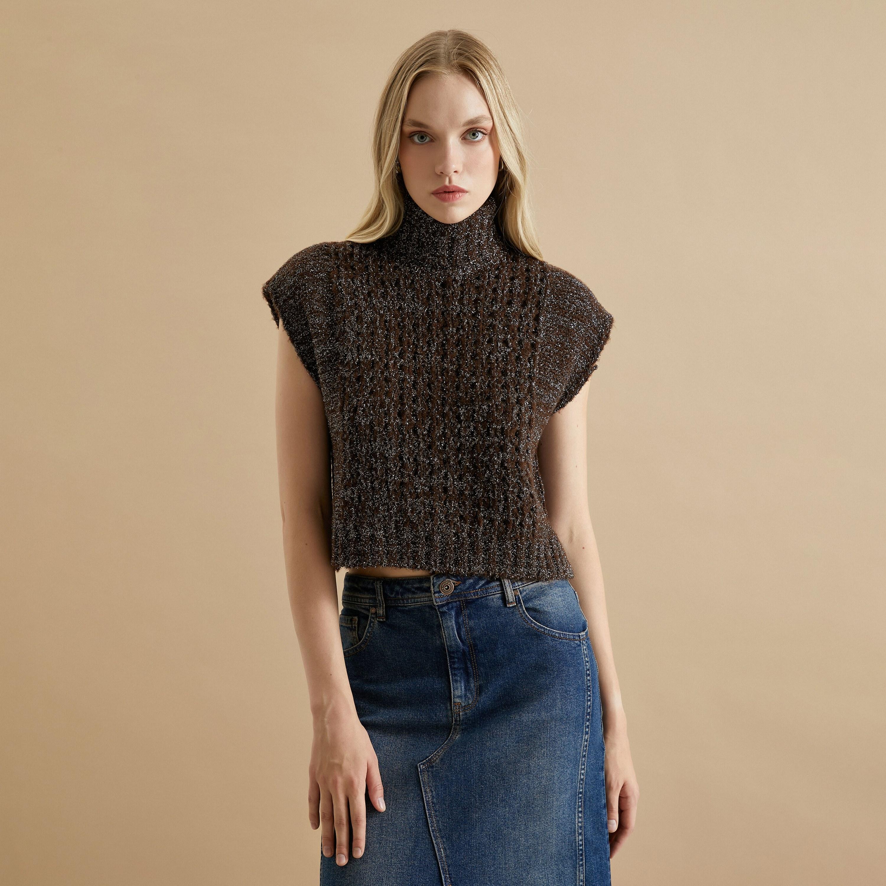 KOTON Brown Glitter Metallic Turtle Neck Women's Sweater-women-winterwear-cardigansandjumpers-jumpers-image-1