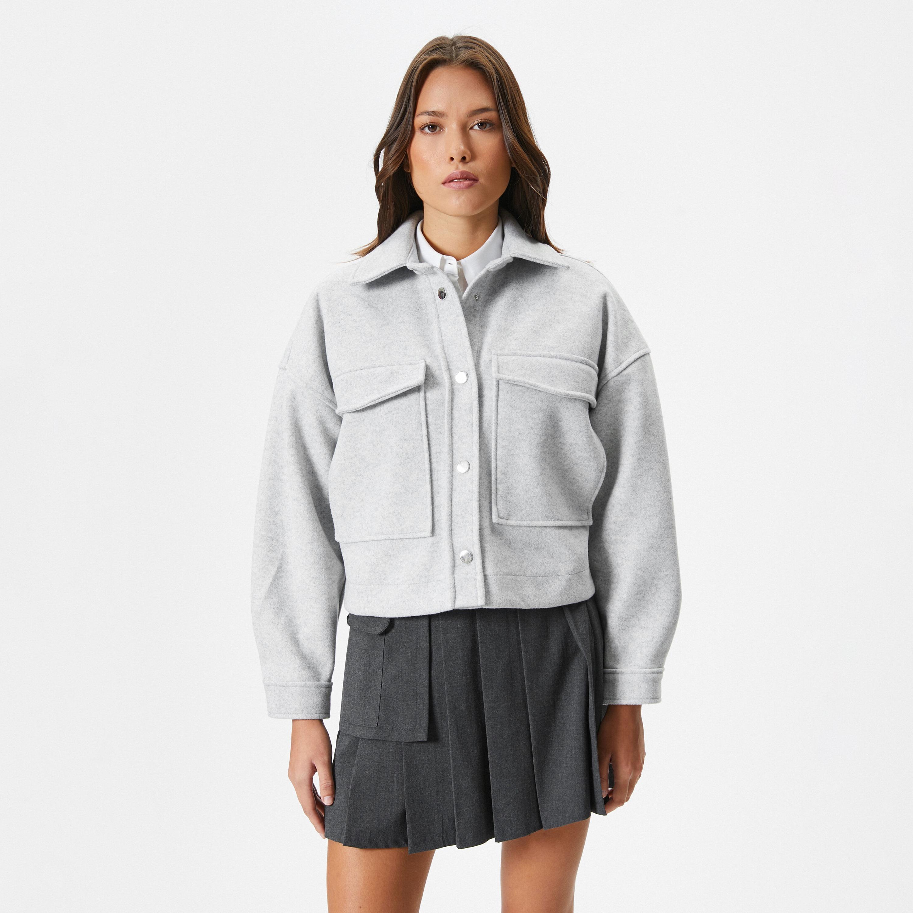 KOTON Grey Collared Women's Cropped Jacket-women-winterwear-coatsandjackets-jackets-image-1