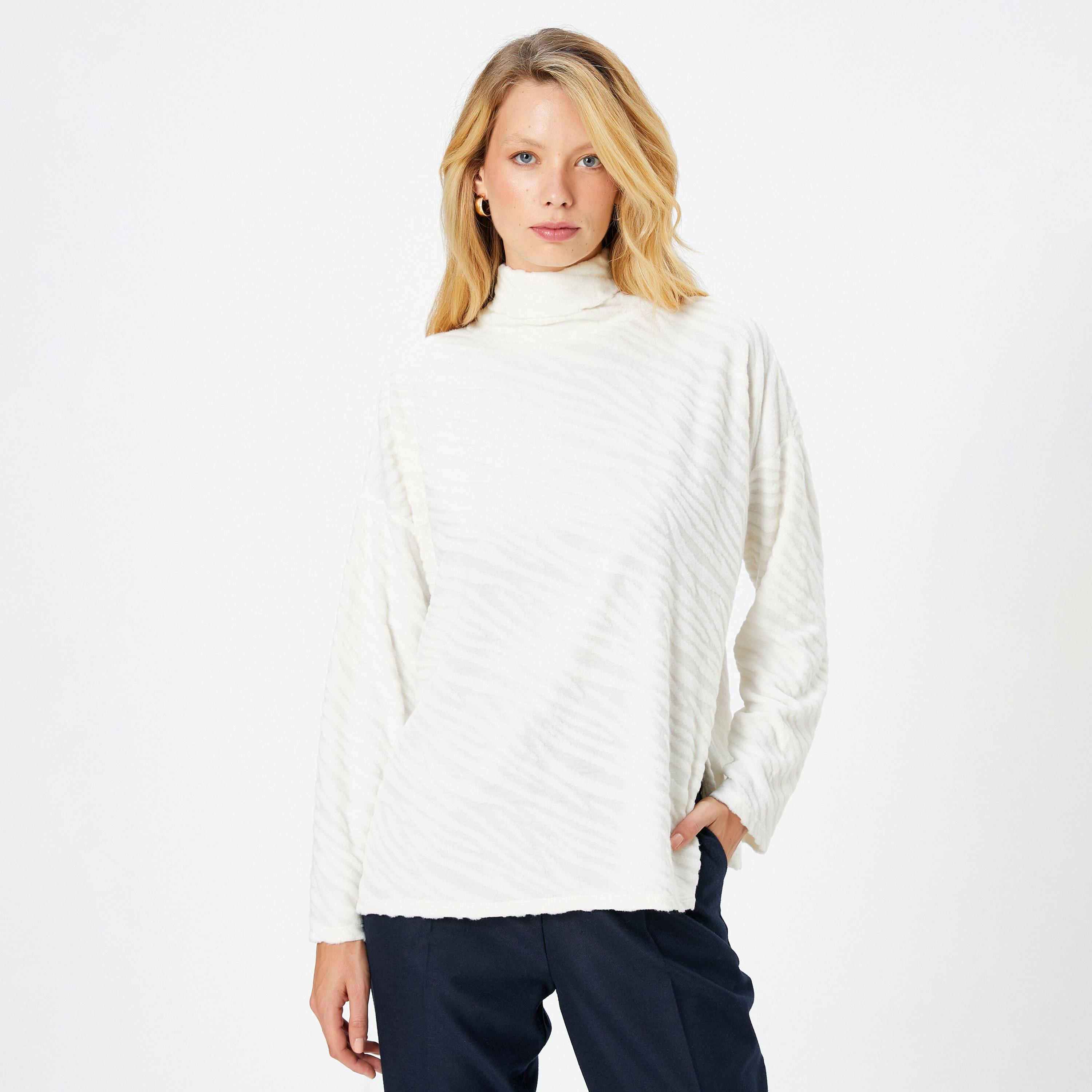 KOTON White Textured Knit Turtle Neck Dropped Sleeves Women's Sweater-women-clothing-cardigansandjumpers-jumpers-image-1