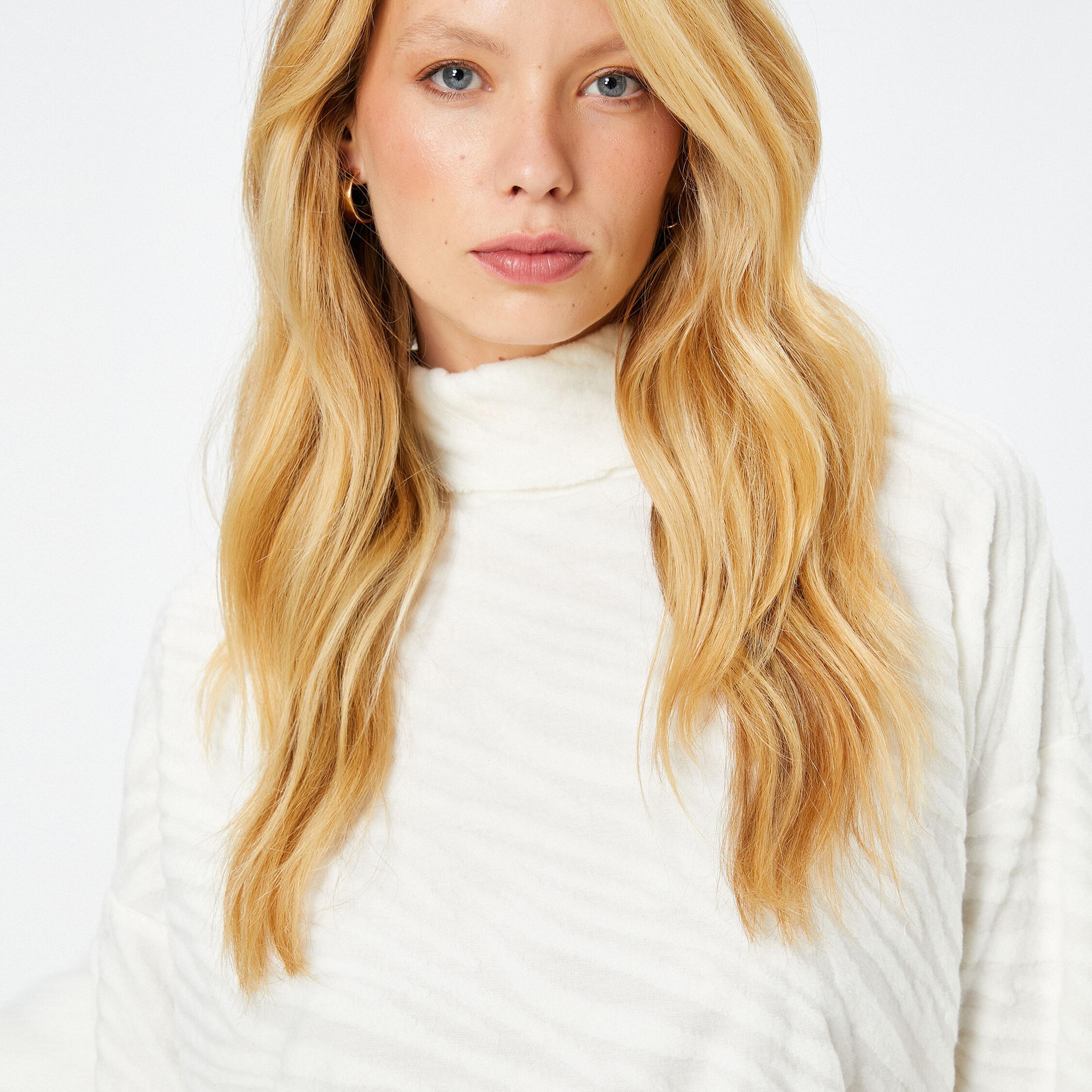 KOTON White Textured Knit Turtle Neck Dropped Sleeves Women's Sweater-women-clothing-cardigansandjumpers-jumpers-image-4