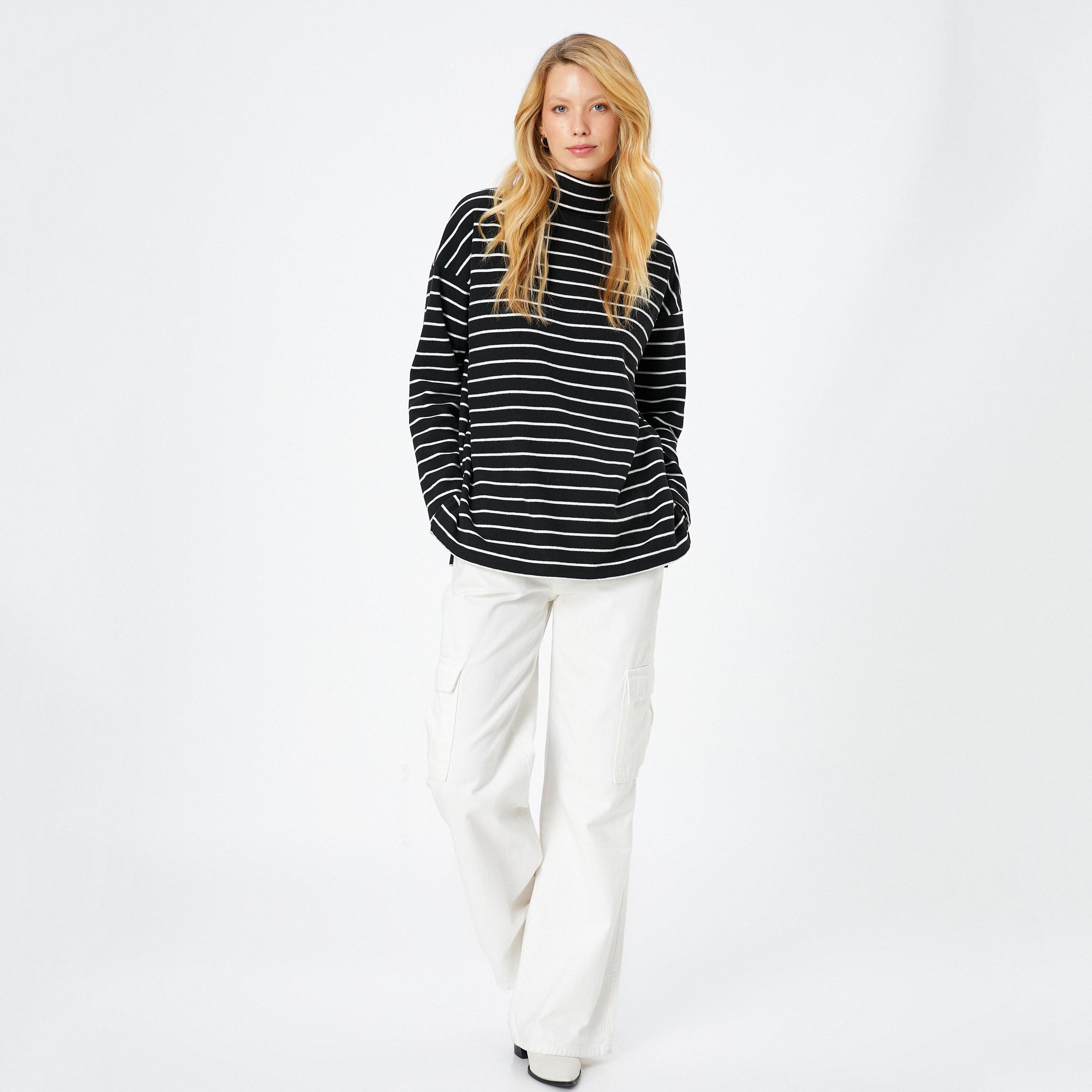 KOTON Black Striped High Neck Women's Sweater-women-winterwear-cardigansandjumpers-jumpers-image-2