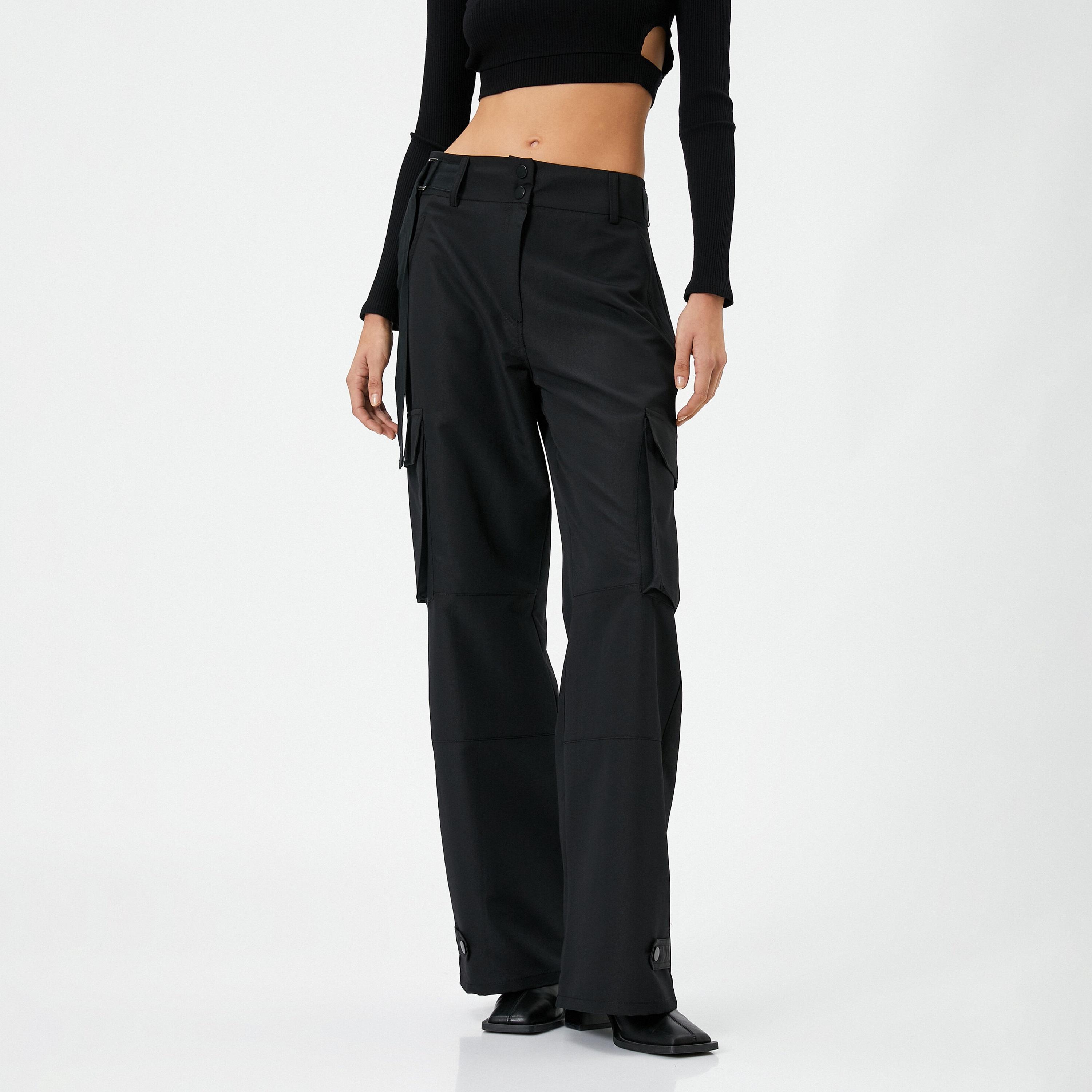 KOTON Black Zip Fly Wide Leg Women's Cargo Trousers-women-clothing-bottoms-trousers-image-1