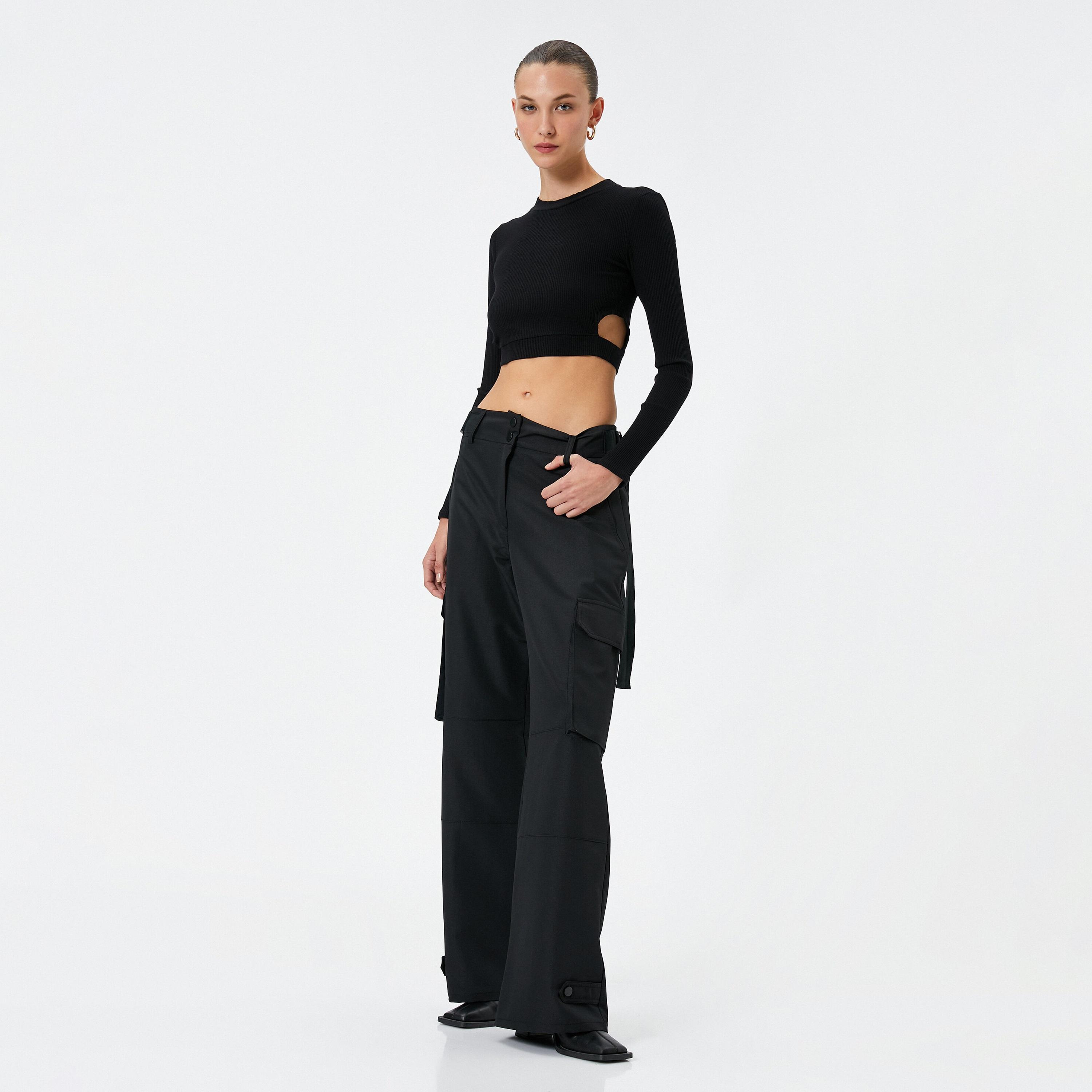 KOTON Black Zip Fly Wide Leg Women's Cargo Trousers-women-clothing-bottoms-trousers-image-2