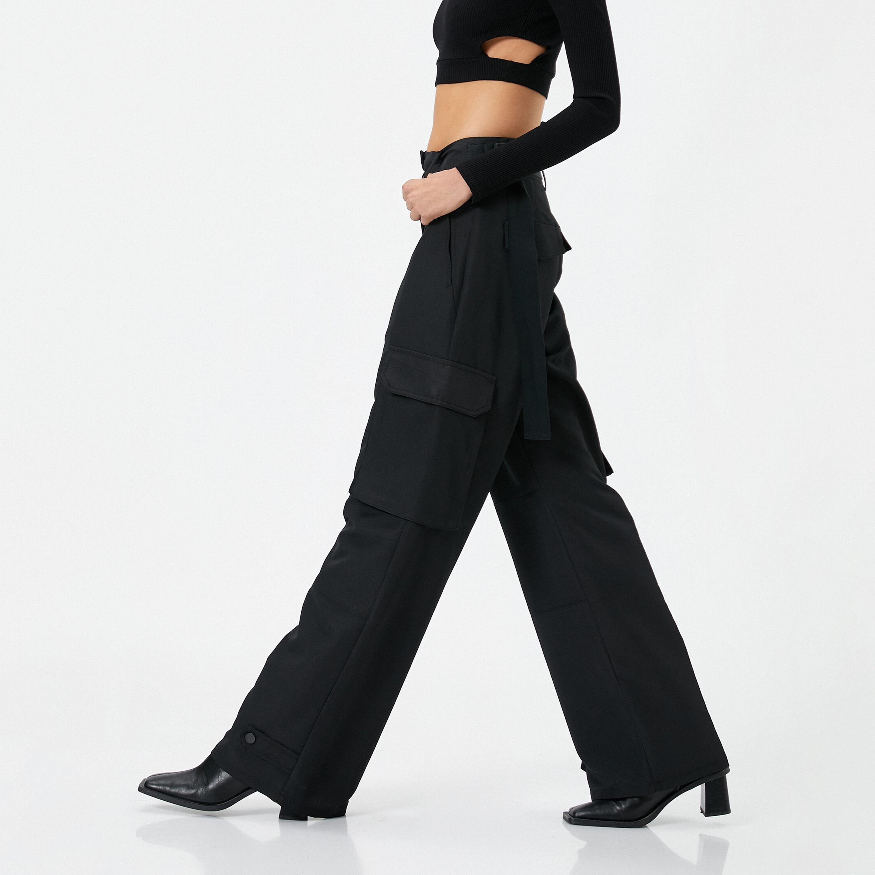 KOTON Black Zip Fly Wide Leg Women's Cargo Trousers-women-clothing-bottoms-trousers-image-3