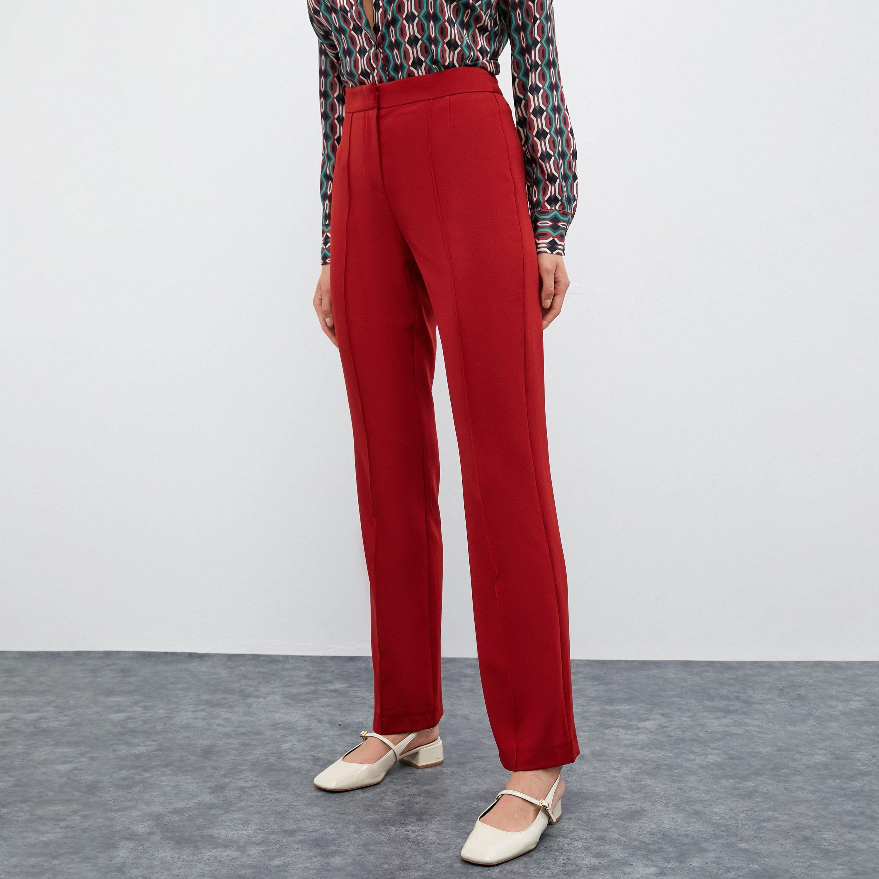 KOTON Plus Red Zip Fly Straight Women's Trousers-women-clothing-bottoms-trousers-image-1